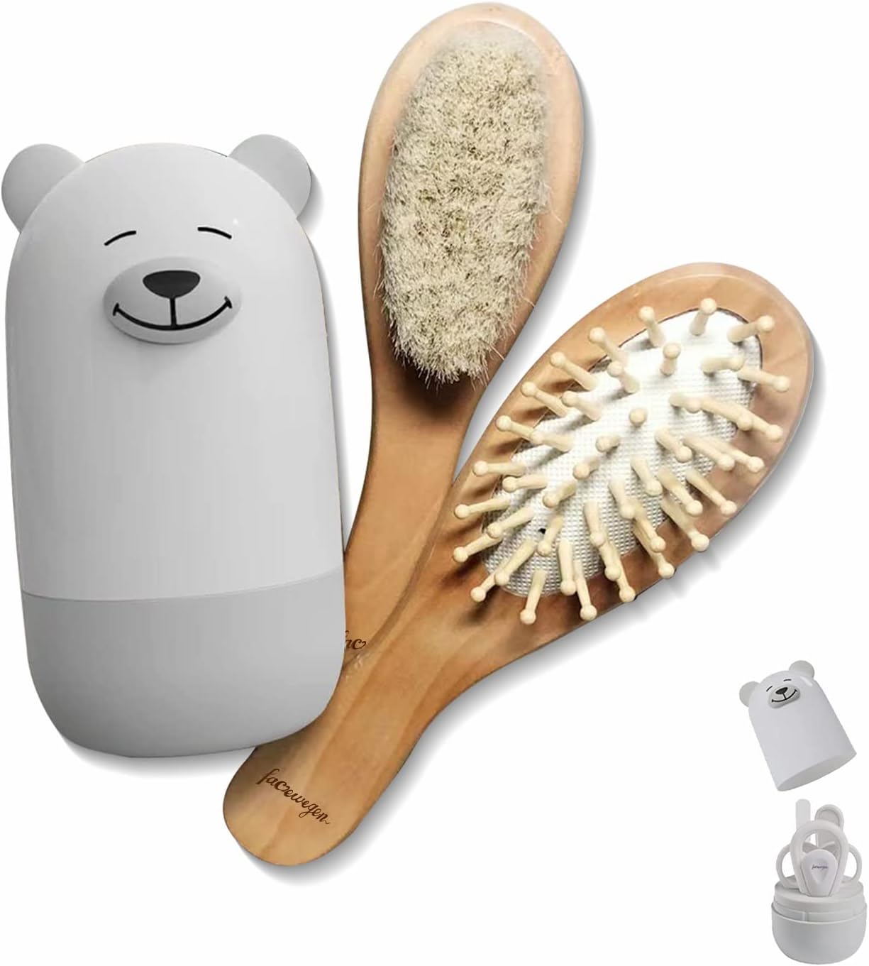 Baby 6-in-1-Pflegeset, Haarbürste und Kamm aus Naturholz, Nagelschere, Nagelfeile und Pinzette für Kinder und Neugeborene in süßer Geschenkverpackung