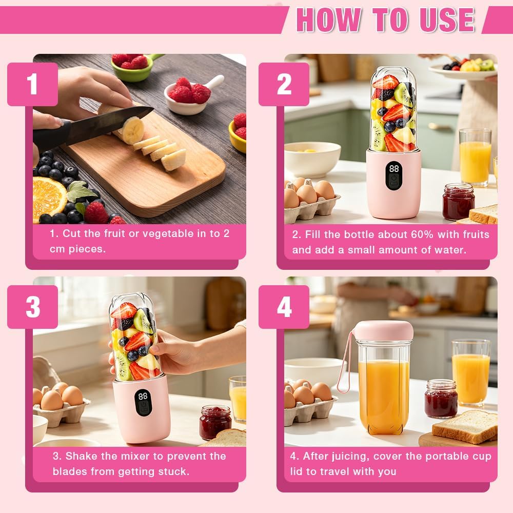 Tragbarer Mixer, 500 ml Smoothie Maker to Go, 16-Blatt Mini Standmixer, 1200 Mah, tragbarer Mixer mit Digitalanzeige Mini Smoothie Mixer für Babynahrung Saft Marmelade Shake Smoothie, Rosa – Bild 4
