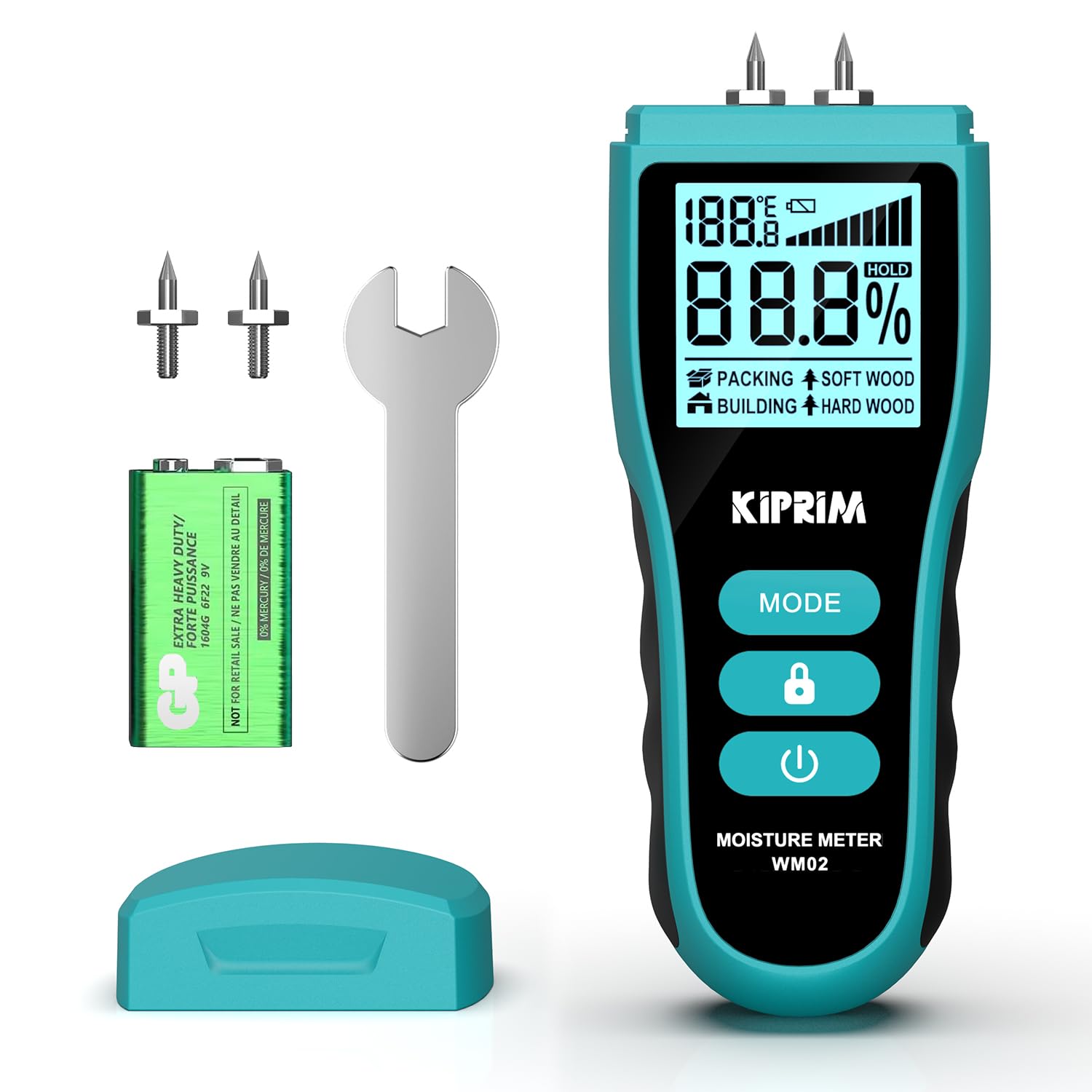 Kiprim Feuchtigkeitsmessgerät mit Stiften für Holz, Wand, Beton, Karton – Digitales Holzfeuchtemessgerät mit LCD, Temperaturanzeige (°C/°F), Haltefunktion, 4 Modi, Ersatzsonden WM02