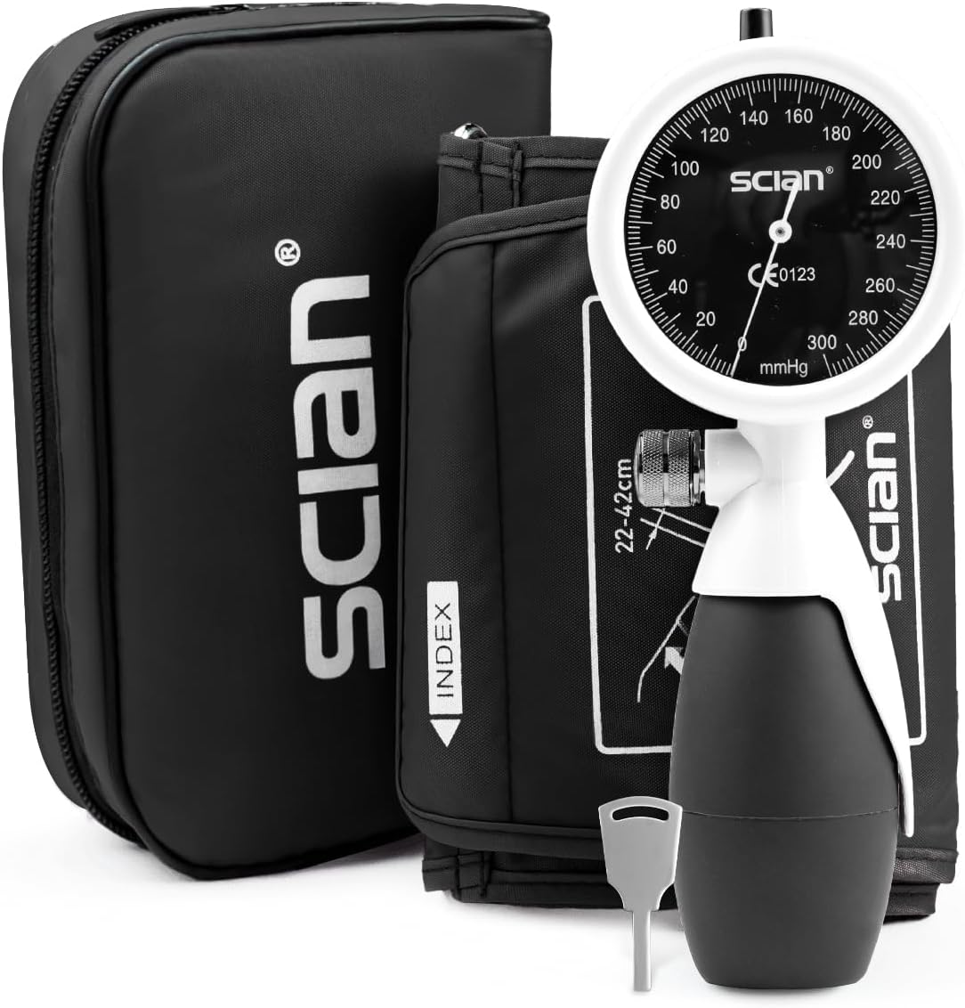 SCIAN Manuelles Blutdruckmessgerät, Aneroid-Blutdruckmessgerät zur Oberarmmessung mit europäischer Manschette (22–42 cm) + Tragetasche für Krankenschwestern, Ärzte, Senioren, Erwachsene (weiß)