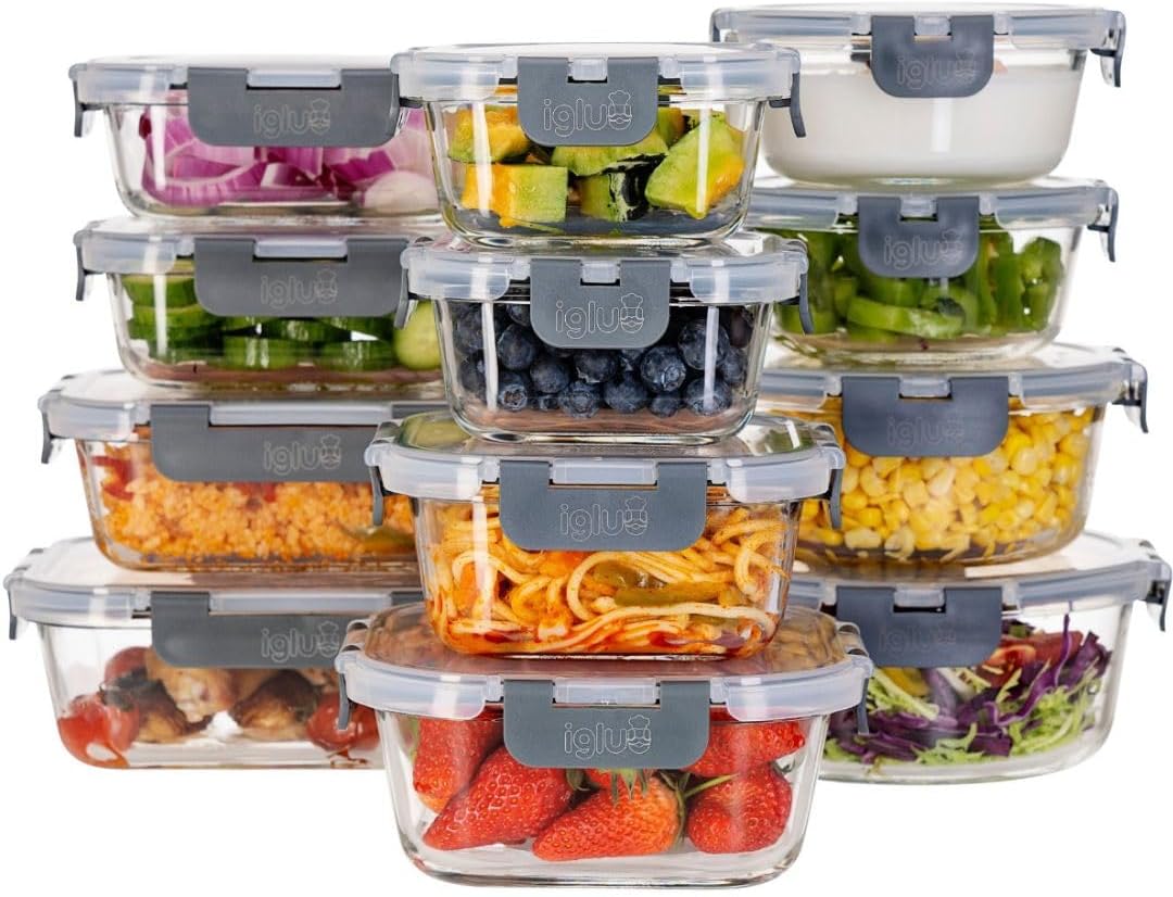 Igluu Meal Prep Frischhaltedosen aus Glas mit BPA-freien Deckeln (12 Stück) – mikrowellen-, ofen-, gefrierschrank-, spülmaschinenfest, auslaufsicher – verschiedene Größen – langlebiges Borosilikatglas