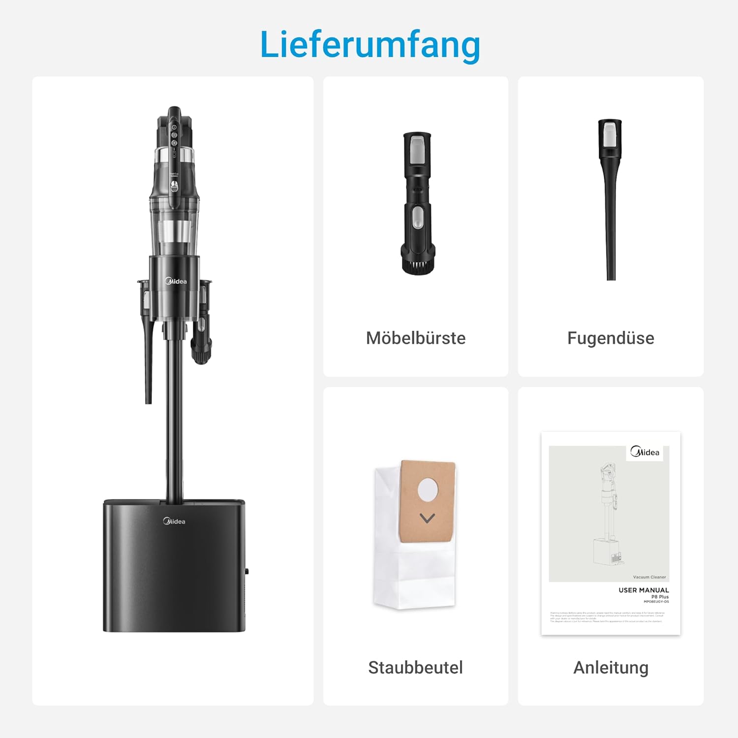 Midea Akku-Staubsauger mit Saugstation, 350 W, bis zu 60 Minuten Laufzeit, selbstentleerende Anti-Tangle-Bürste, LED-Düse, HEPA-Filter, für Allergiker geeignet, austauschbarer Akku, kabellos, schwarz – Bild 13