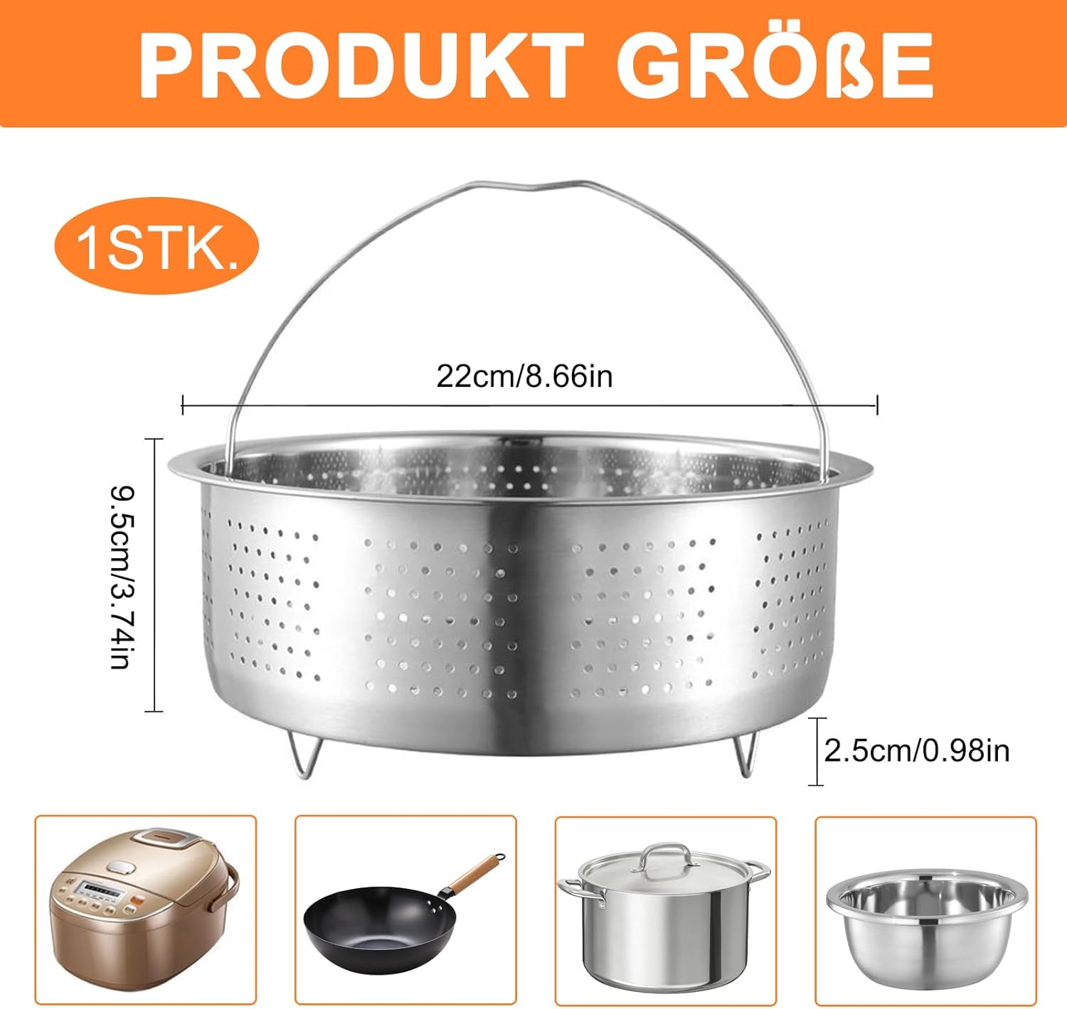 Dampfgareinsatz aus Edelstahl 304, 22 cm, Dampfgareinsatz für Topf, Siebeinsatz für Töpfe für Töpfe, Dampfgareinsatz für Töpfe, Kochtöpfe, Dampftopf, Schnellkochtopf, Dämpfen von Gemüse und Früchten – Bild 2