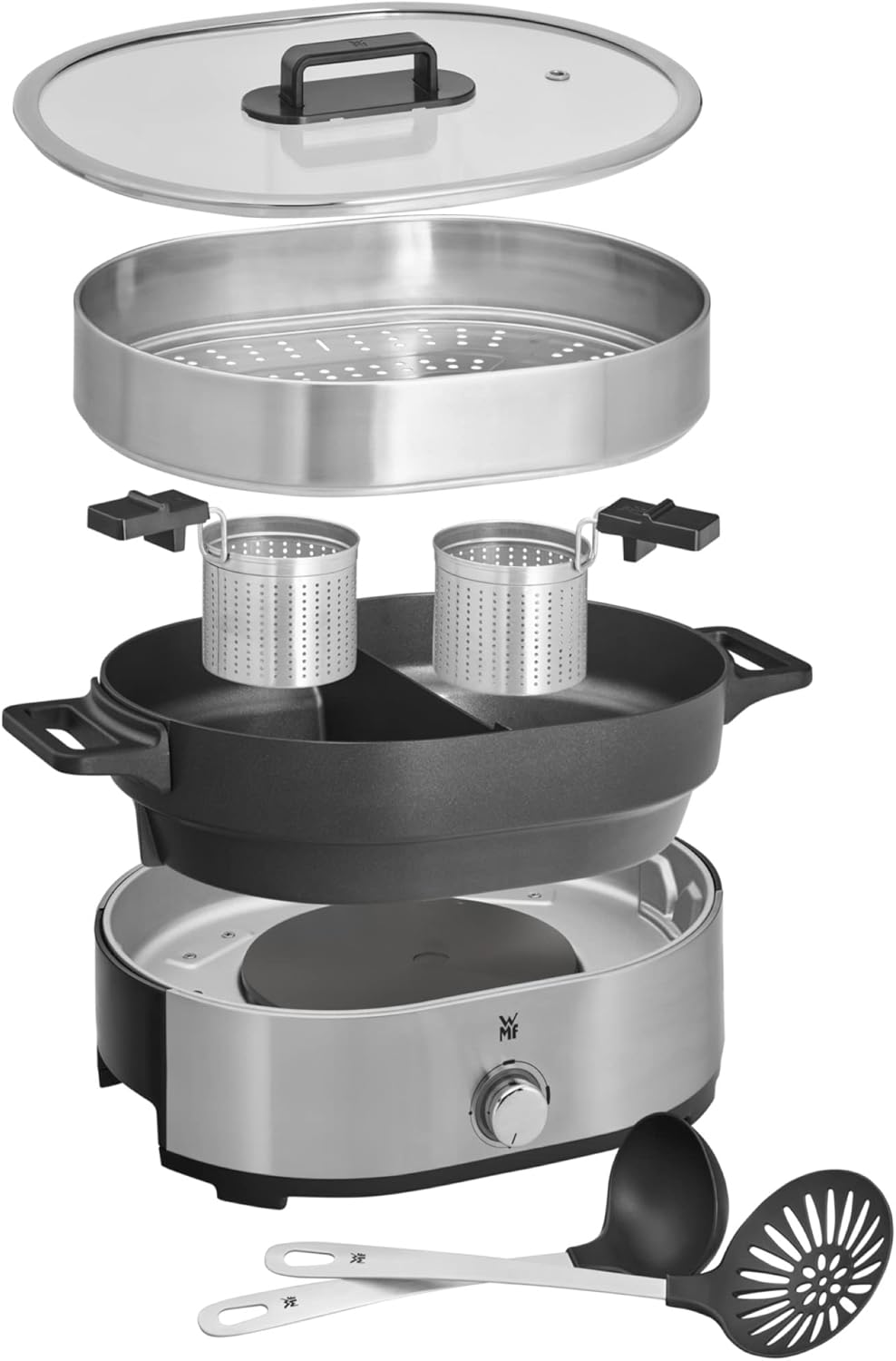 WMF Lono Hot Pot & Dampfgarer elektrisch 3,6 l, chinesisches Fondue für 6 Personen, elektrischer Dampfgarer, Dampfaufsatz für Dim Sum, Bao, Garkorb, 1700 W, Edelstahl matt – Bild 12