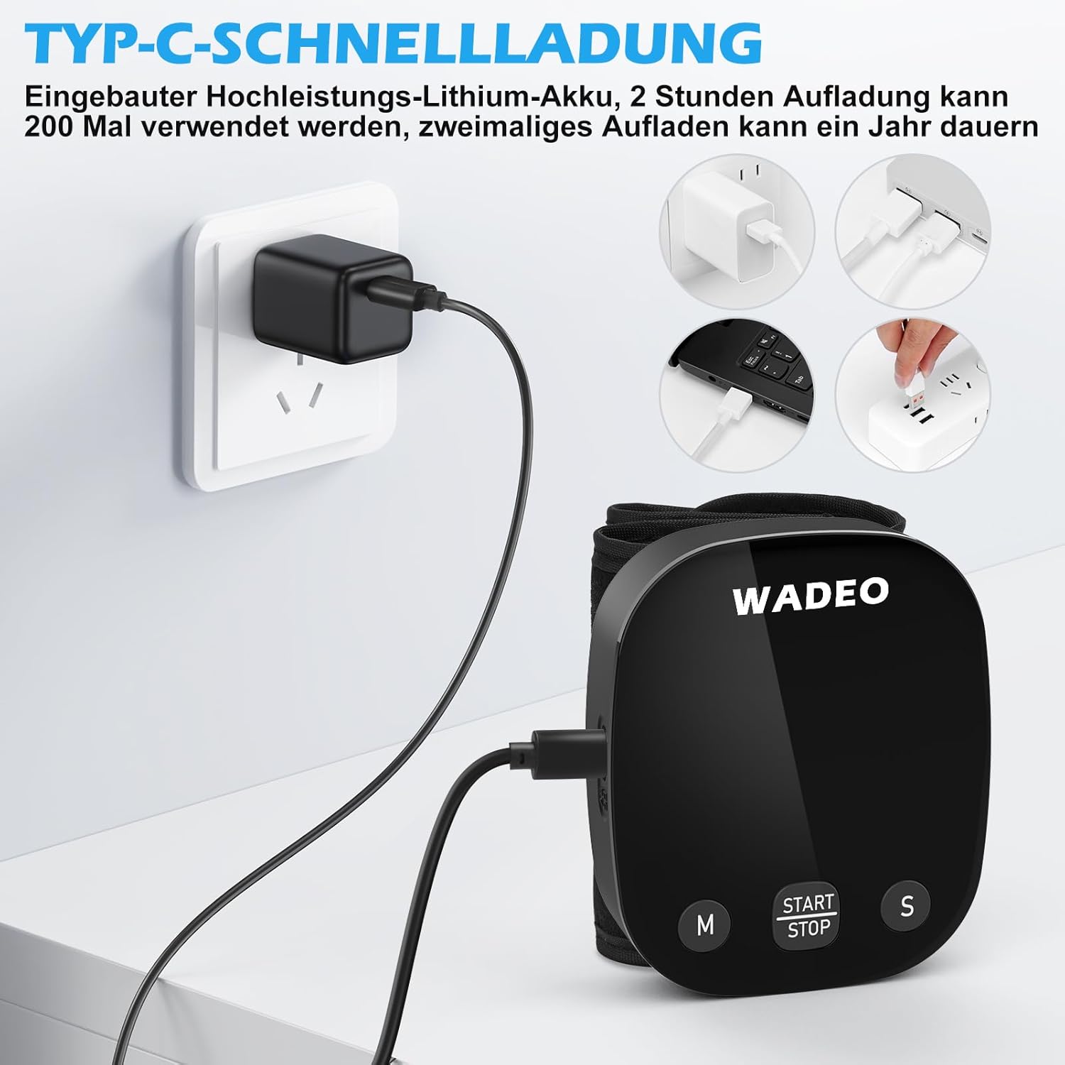 WADEO Digitales Handgelenk-Blutdruckmessgerät mit LCD-Display, Sprachansagefunktion, präzise Messung, 2 x 99 Speicher, tragbares Blutdruckmessgerät mit Arrhythmie-Erkennung für zu Hause oder auf Reisen – Bild 7