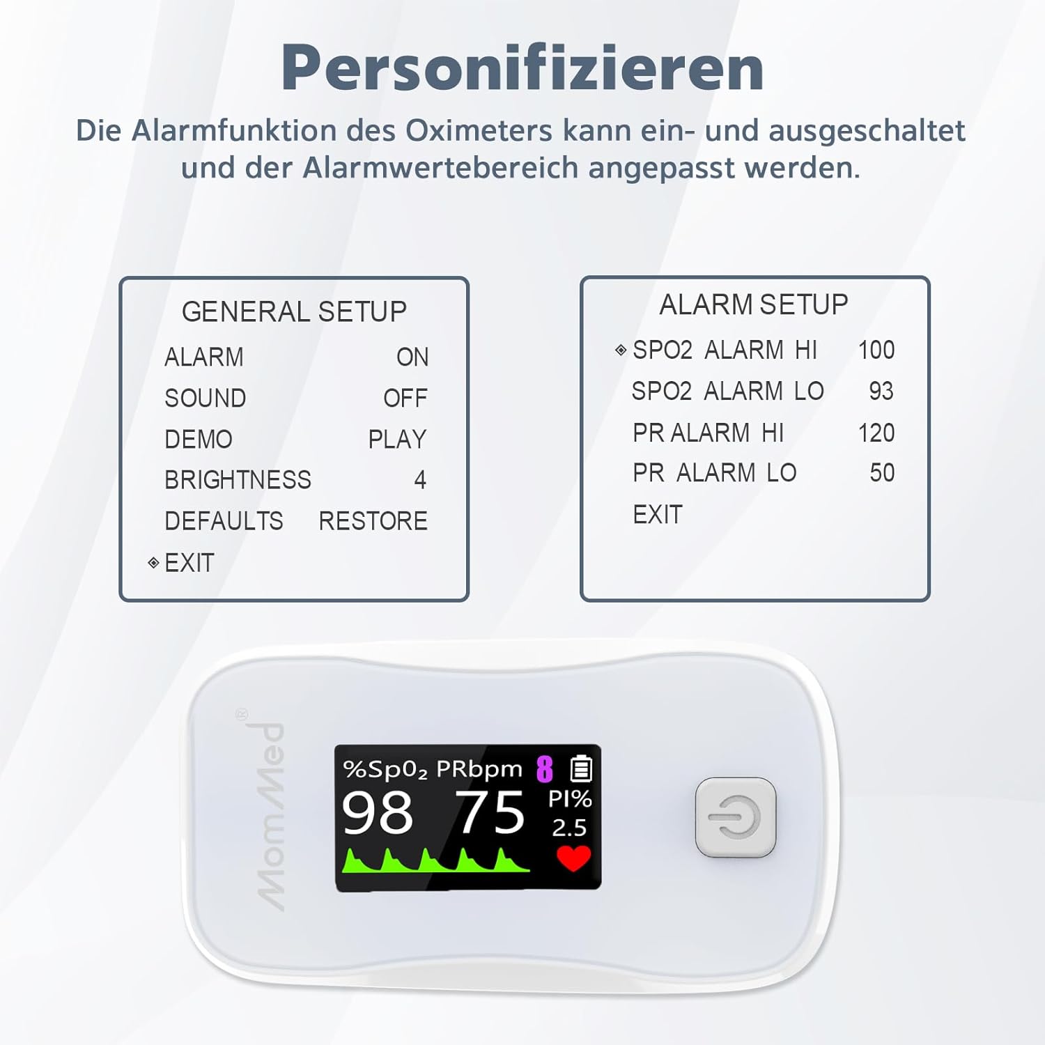 MOMMED Pulsoximeter mit Display – Sauerstoffsättigung (SpO2), Pulsfrequenz (PR) und Perfusionsindex (PI) – Fingeroximeter für Erwachsene und Kinder – präzise und tragbar für Sport, Fitness, Reisen – Bild 6
