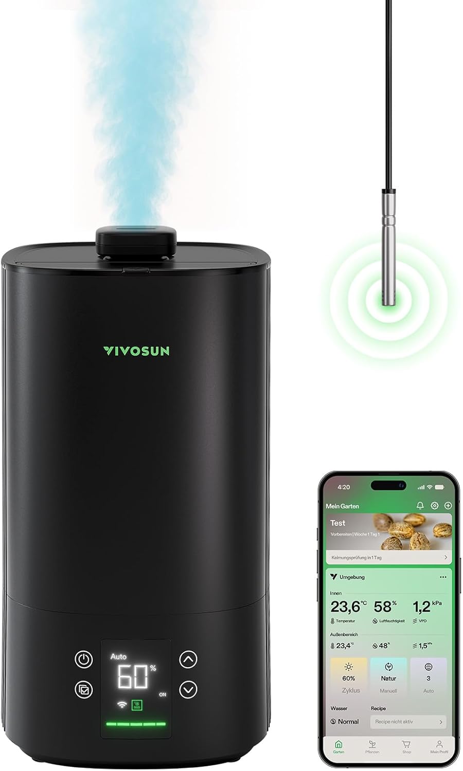 VIVOSUN Pflanzenbefeuchter, 5 l, intelligenter Luftbefeuchter für Pflanzen, AeroStream H05, 24 dB, leise, 360° kühler Nebel, 50 Stunden, langlebig, Top-Fill-Ultraschall, entwickelt für Wachstumszelte, Growbox