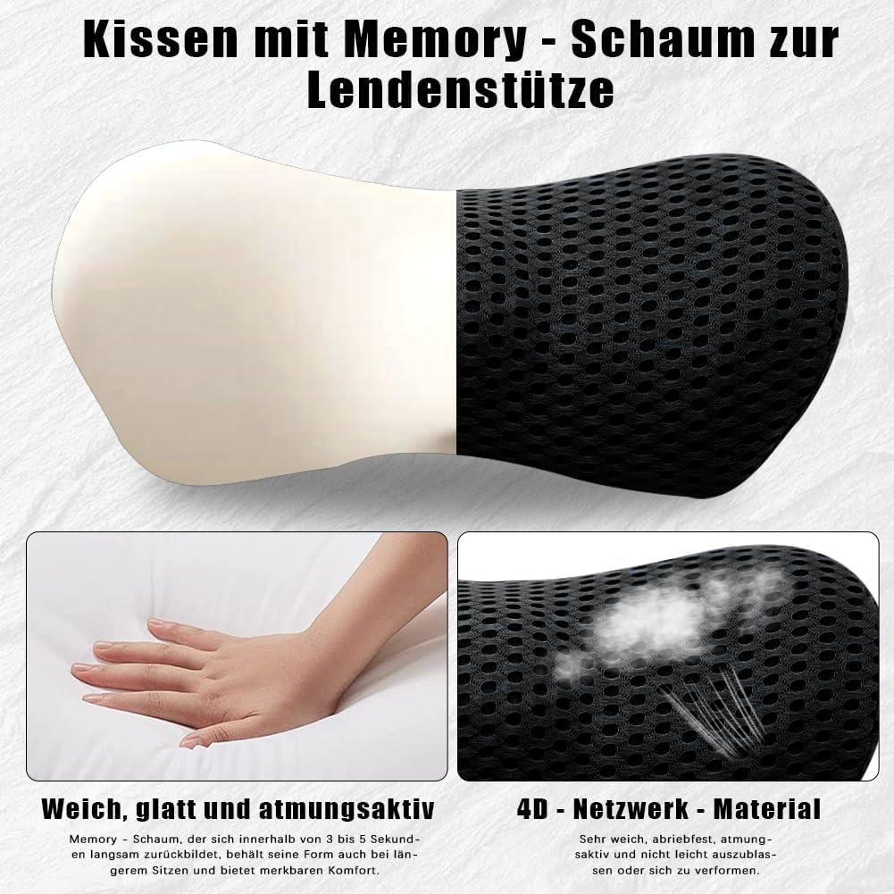 Lendenwirbelstützkissen aus Memory-Schaum, ergonomisches Lendenkissen mit Riemen, Kissen gegen Rückenschmerzen, Lendenstützkissen für Autositze und Bürostühle zum Ausruhen, Schlafen, Reisen – Bild 3