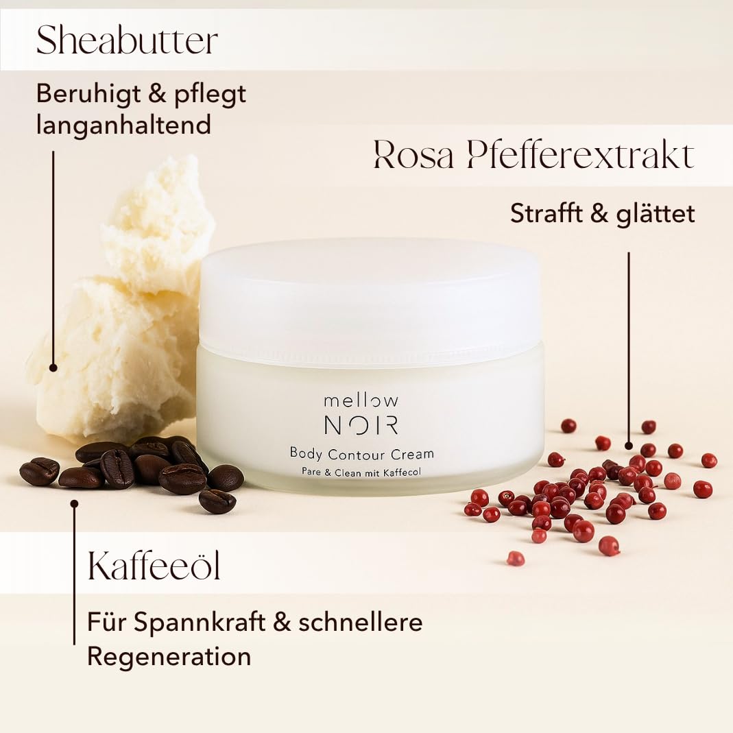 mellow NOIR Body Contour Cream 200 ml – Körpercreme gegen Cellulite und schlaffe Haut – für straffe Konturen an Bauch, Beinen und Oberarmen – zieht schnell ein, ohne zu fetten – Naturkosmetik – vegan – Bild 4