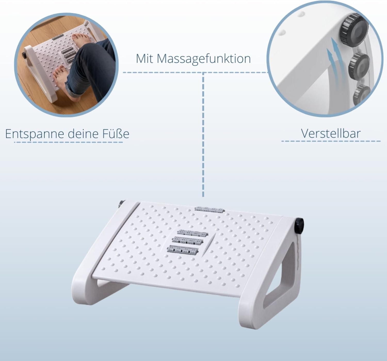 BUDDLEY Ergonomische PP-Kunststoff-Fußstütze für Büro oder Heimbüro – verstellbar (6 Positionen) – mit Massagerädern – rutschfest – Weiß – Bild 3
