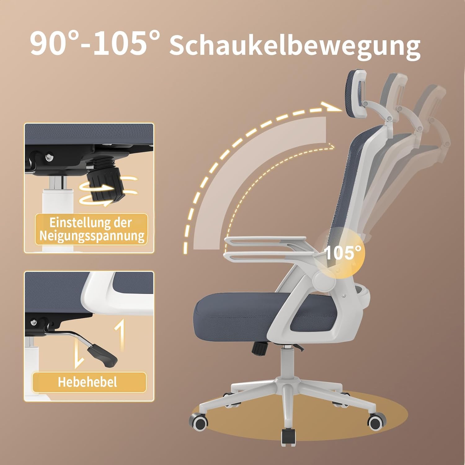 naspaluro Ergonomischer Bürostuhl mit verstellbaren Armlehnen, Schreibtischstuhl mit Kopfstütze, atmungsaktiver Netzbezug, Lordosenstütze, Höhenverstellung, Computerstuhl, 360°-Drehstuhl, hellgrau – Bild 5