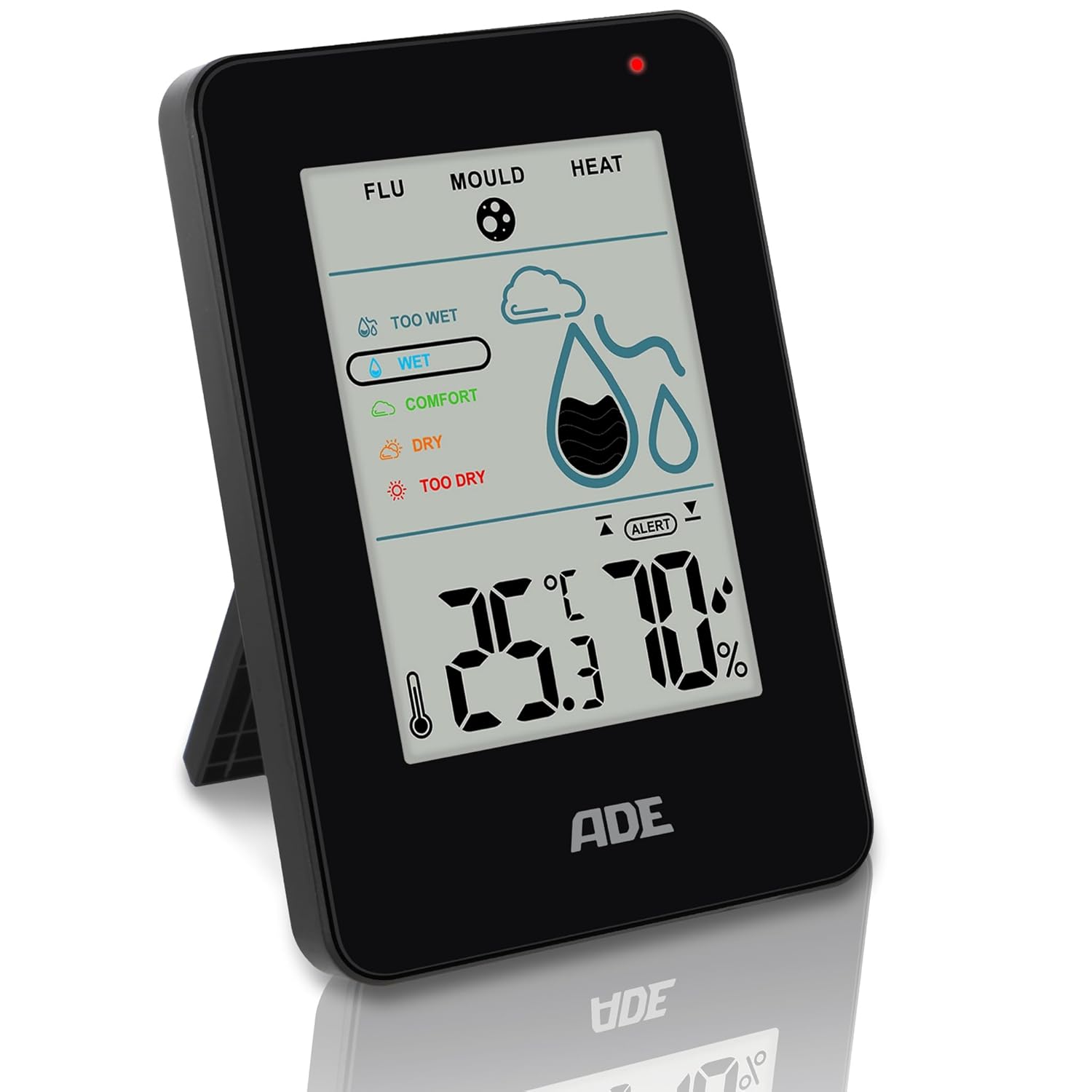 ADE Digitales Hygrometer für den Innenbereich mit Schimmelalarm | Feuchtigkeitsmesser mit Thermometer | Großes LCD-Display | Schwarz
