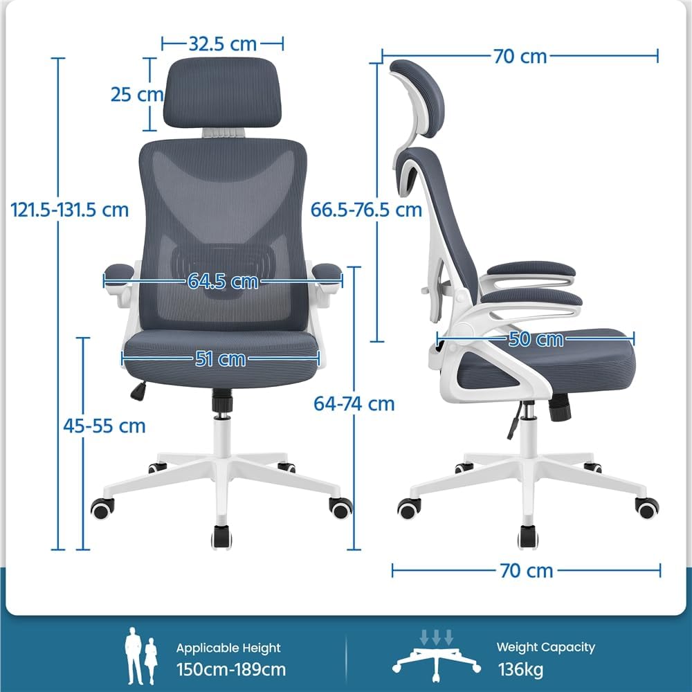 Yaheetech Ergonomischer Bürostuhl, Schreibtischstuhl mit klappbaren Armlehnen, Drehstuhl mit Rückenlehne und verstellbarer Kopfstütze, Chefsessel, Wippfunktion, maximale Belastung 136 kg, Weiß/Grau – Bild 3
