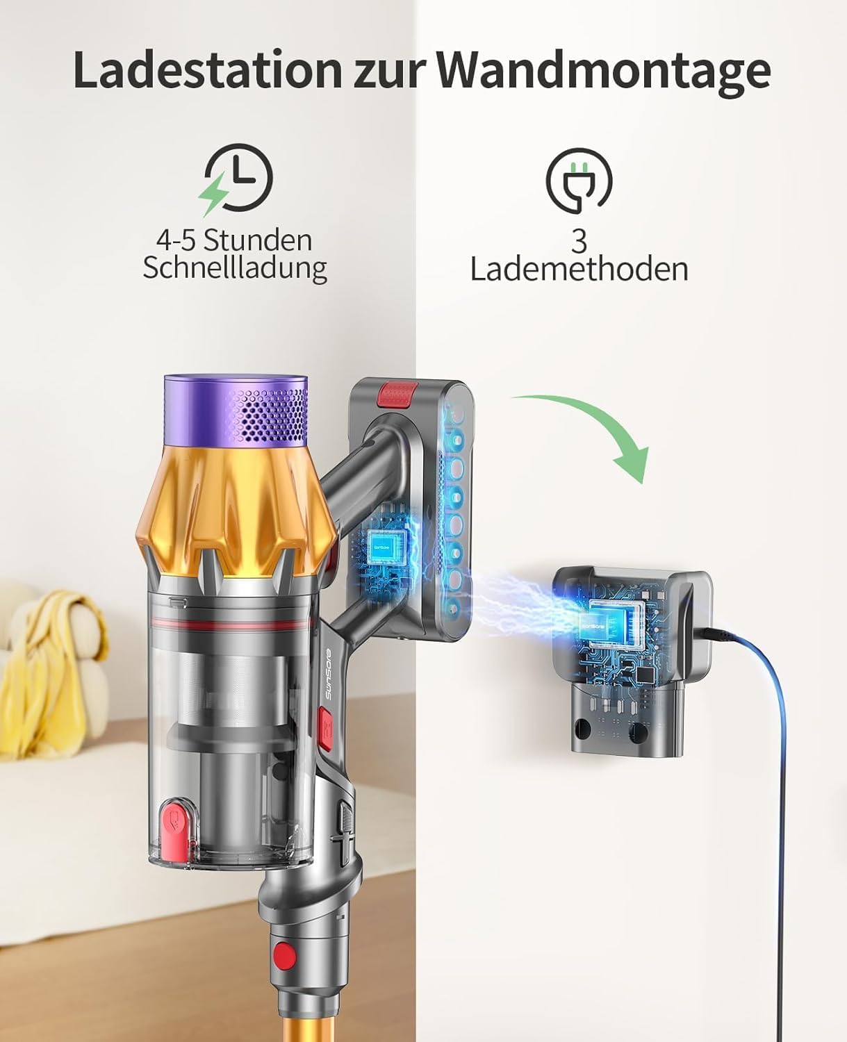 SunSare Akku-Staubsauger 600 W / 50000 Pa / 65 Min, kabelloser Staubsauger mit Smart Display und Ladestation, leichter Anti-Tangle-Akku-Staubsauger, superleiser Akku-Staubsauger für Hartböden, Teppiche, Tierhaare – Bild 6