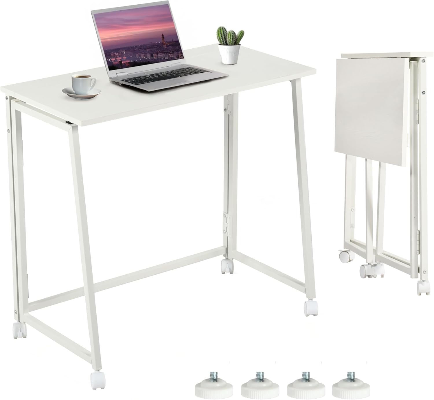 MEUBLE Gemütlicher Klapptisch mit Rollen, kleiner klappbarer Schreibtisch, Laptoptisch aus Holz und Metall, Computertisch für Büro, Wohnzimmer, Heimbüro, skandinavischer Stil, Weiß