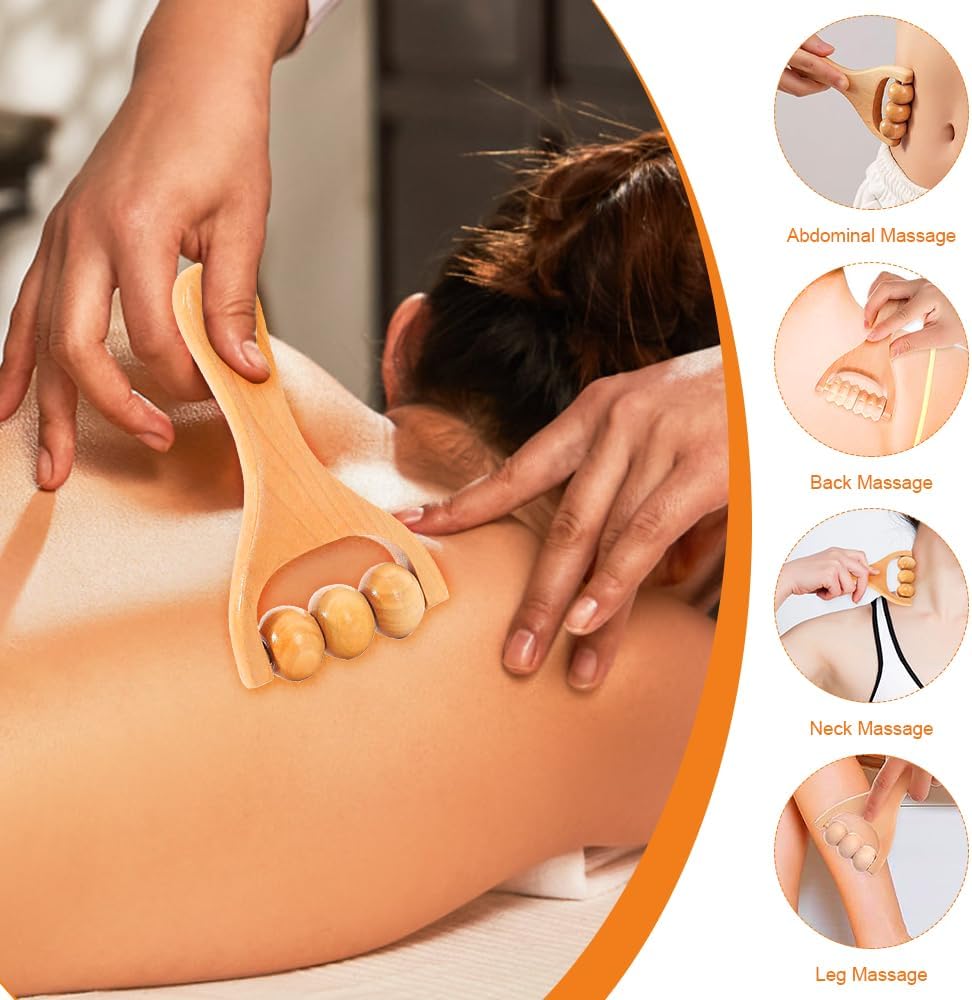 mizikuu 2 Stück Holz Massagerolle, Rückenmassagerolle Holz Faszienrolle Massagegerät mit Griff Triggerpunktrolle Gua Sha Kratzmassagegerät zur Muskelentspannung Nacken, Beine, Rücken, Körper – Bild 4