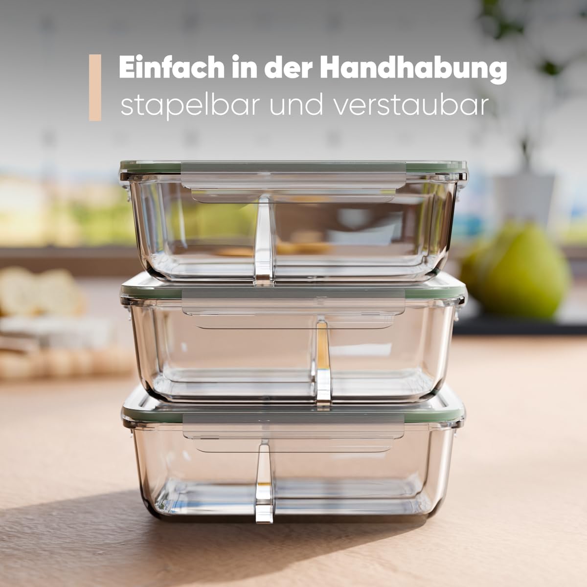 Meal-Prep-Glasboxen mit Fächern | 3er-Set | Glasbehälter mit Deckel | Geeignet für Spülmaschine, Mikrowelle und Backofen | Frischhaltedosen Glas mit Deckel | Gläser mit Deckel C-FHDM 4021 G – Bild 4