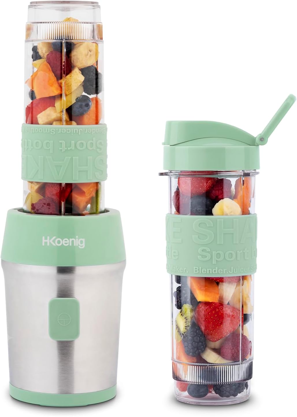H.Koenig Mini Smoothie Maker Standmixer, Mixer elektrisch, tragbar, kompakt, 570 ml, SMOO18, BPA-frei, leistungsstark 300 W, Smoothie-Mixer 2 tragbare Flaschen, Edelstahlklingen, Pastellgrün