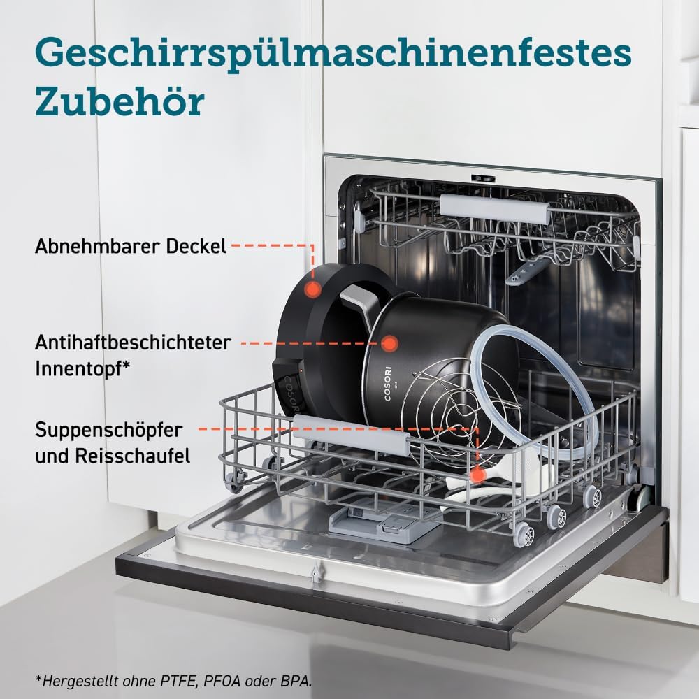 COSORI Schnellkochtopf, Keramikbeschichtung, 9-in-1, Multikocher mit 14 Funktionen, Schnellkochtopf 5,7 l, Reiskocher, Dampfgarer, Joghurtbereiter, Slow Cooker und Sous Vide, Rezeptbuch, Edelstahl – Bild 7