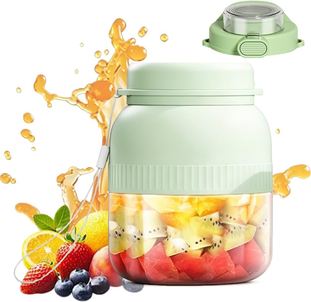 Tragbarer Mixer, 500 ml Fresh Juice Mixer Flasche, Smoothie Maker mit 10 Klingen, Smoothie Maker to Go, Kabellos USB Wiederaufladbarer Mini-Mixer, für Reise Büro Sport Fitness Küche (Doppeldeckel 1 Stück)