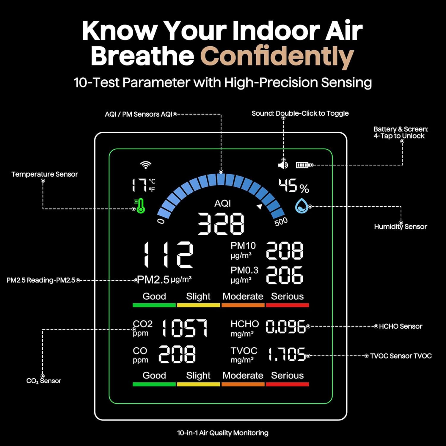 Luftqualitätsmonitor für den Innenbereich, 10-in-1 tragbarer Smartair-Qualitätstester für CO2 | CO | TVOC | HCHO | Temperatur | AQI | PM0.3-1 Brummerkennung für Zuhause, Autos, Pflanzen, Haustiere, Auto, Hotel (weiß) – Bild 7