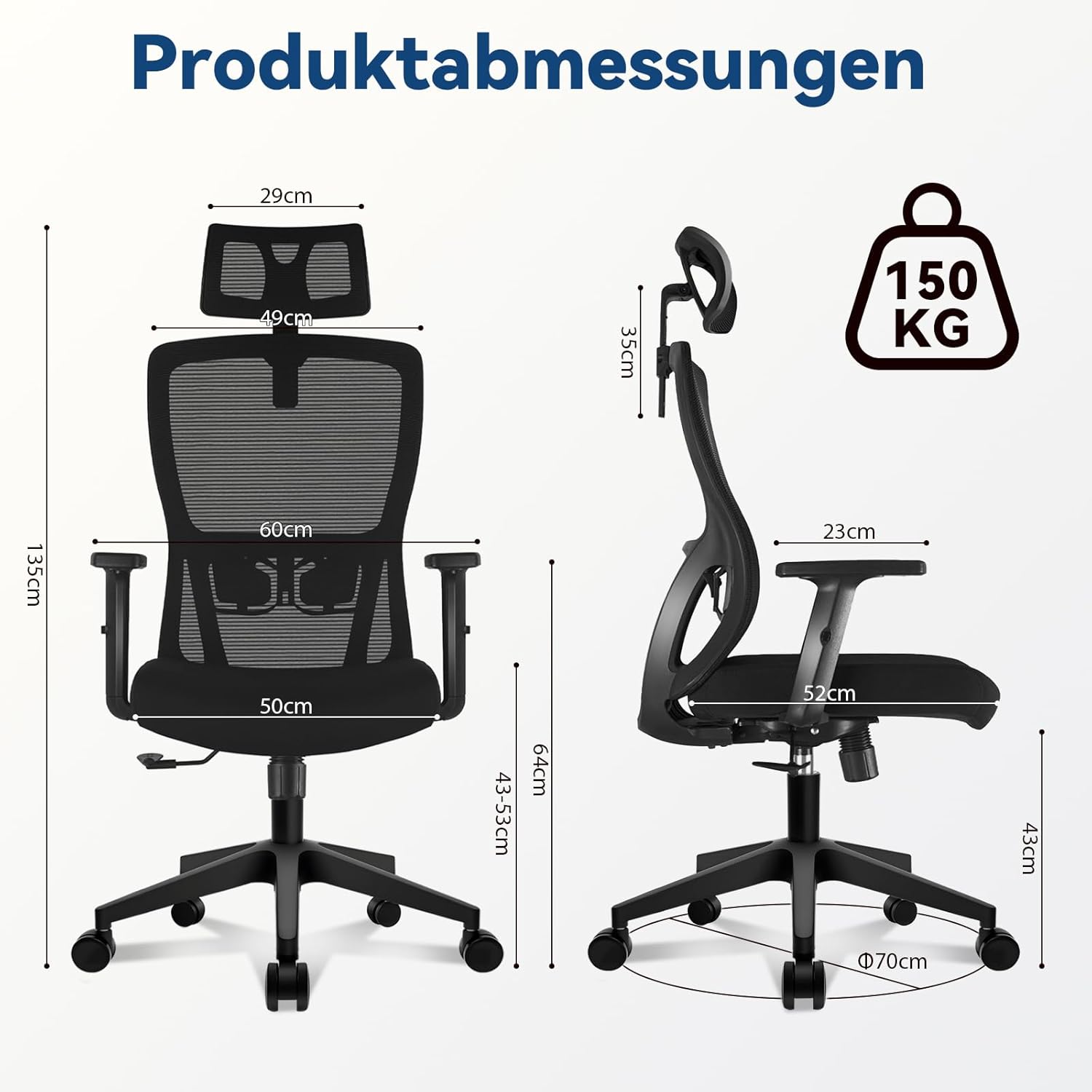 Durrafy Bürostuhl, ergonomischer Bürostuhl, 150 kg belastbar, verstellbare Lordosenstütze, Kopfstütze & Armlehnen, Drehstuhl mit Liegefunktion, hohe Rückenlehne als Schreibtischstuhl, schwarz – Bild 3