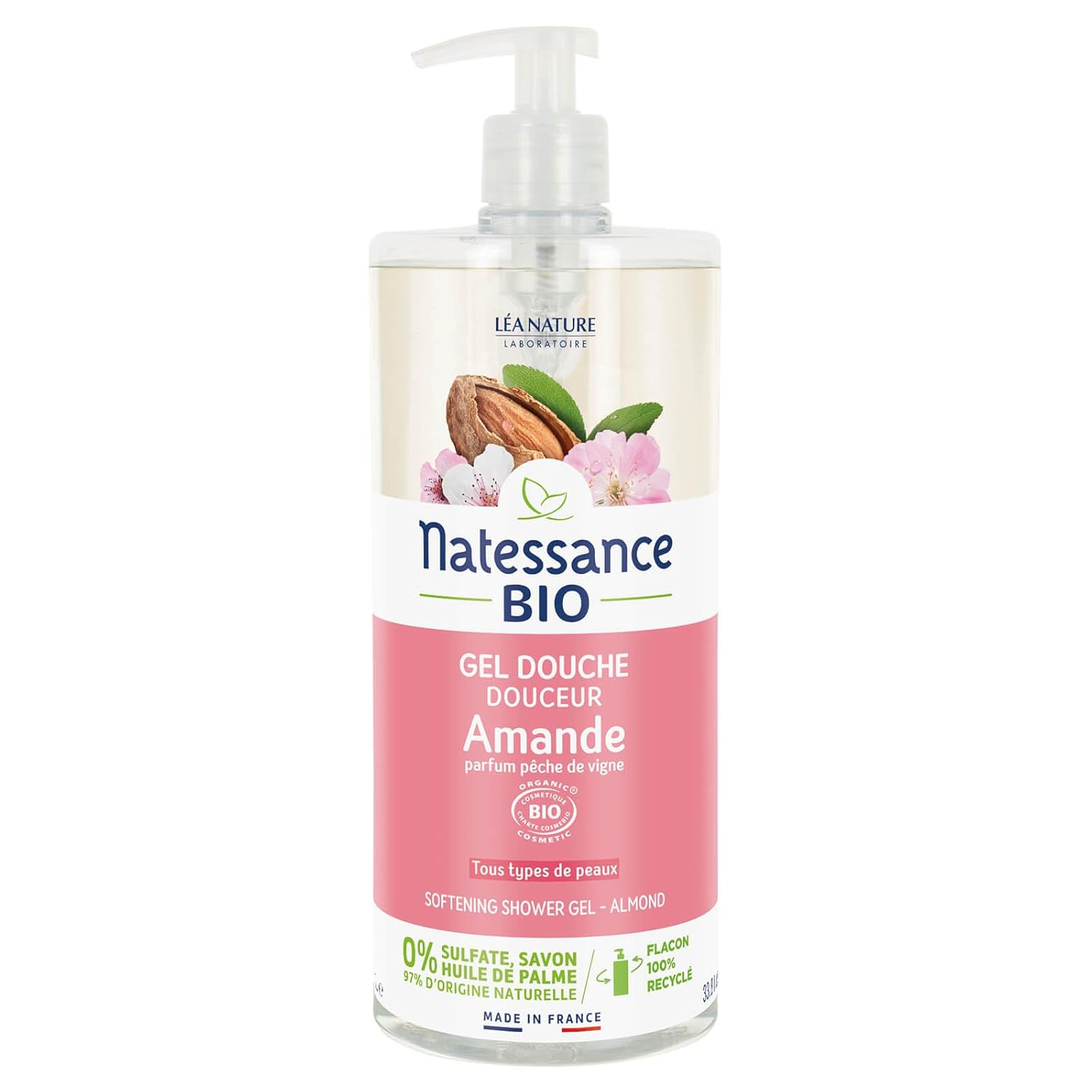 Natessance Hygiène Sulfatfreie Mandel-Duschcreme, Wein-Pfirsich-Duft, 1 l