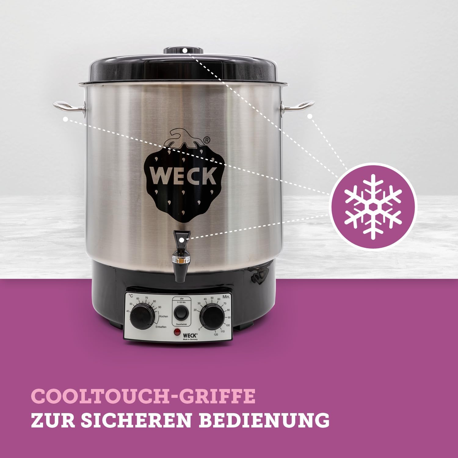 WECK WAT25-A Einkochautomat aus Edelstahl mit Präzisionsthermostat, Auslaufhahn & Timer – 30 L Einkochtopf, Glühweinkocher, Dampfentsafter, Einkochautomat – Made in Germany, hochwertig & vielseitig einsetzbar – Bild 7