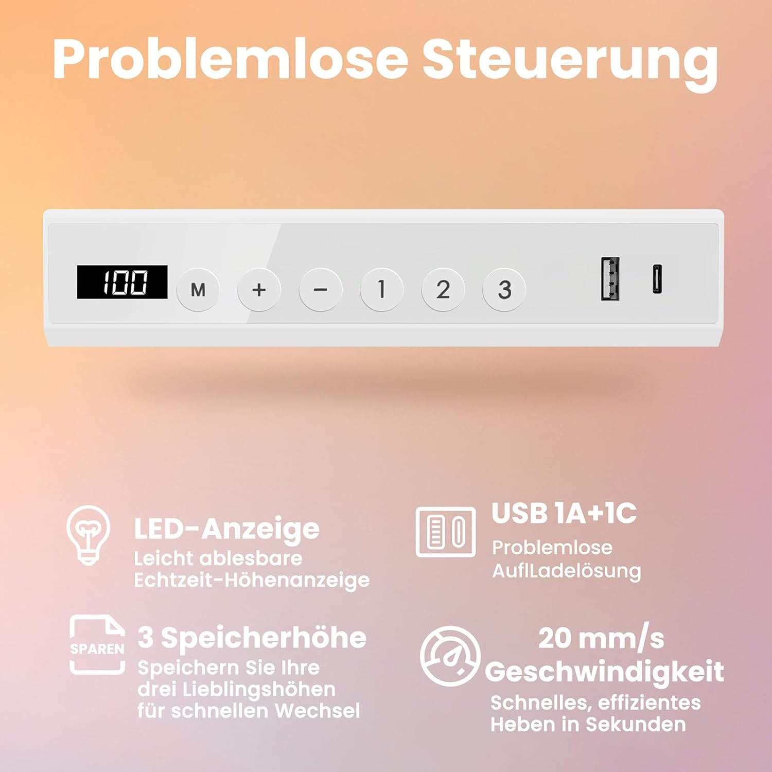 HUANUO 88 x 50 cm höhenverstellbarer Schreibtisch aus Glas mit Schublade, höhenverstellbarer Schreibtisch, ganze Tischplatte, USB-Ladeanschluss und 3 Speicherfunktionen, Weiß – Bild 6