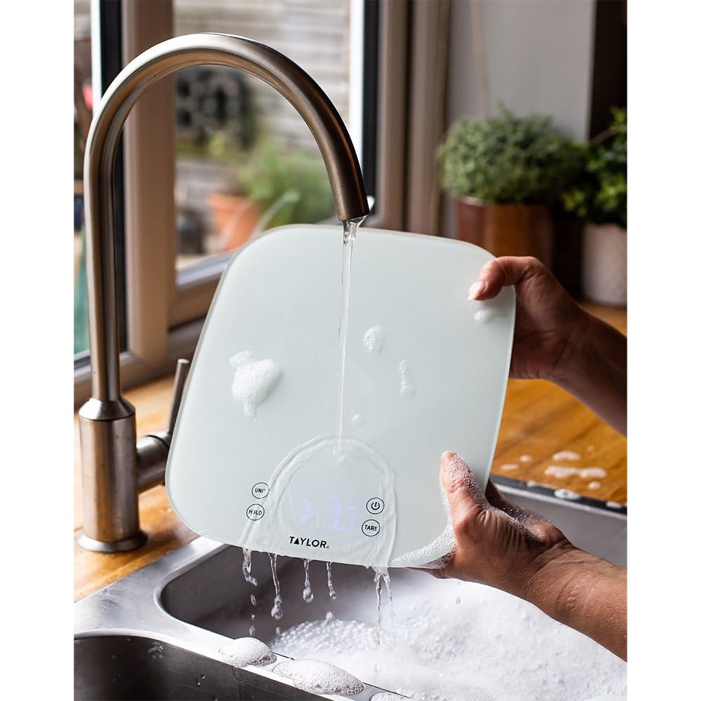 Digitale Küchenwaage Taylor Pro für Lebensmittel, kompakter professioneller Standard mit Präzisionsgenauigkeit, wasserdichtem Design und Tarafunktion, weißes Glas, Wiegekapazität 14 kg / 14 l – Bild 4