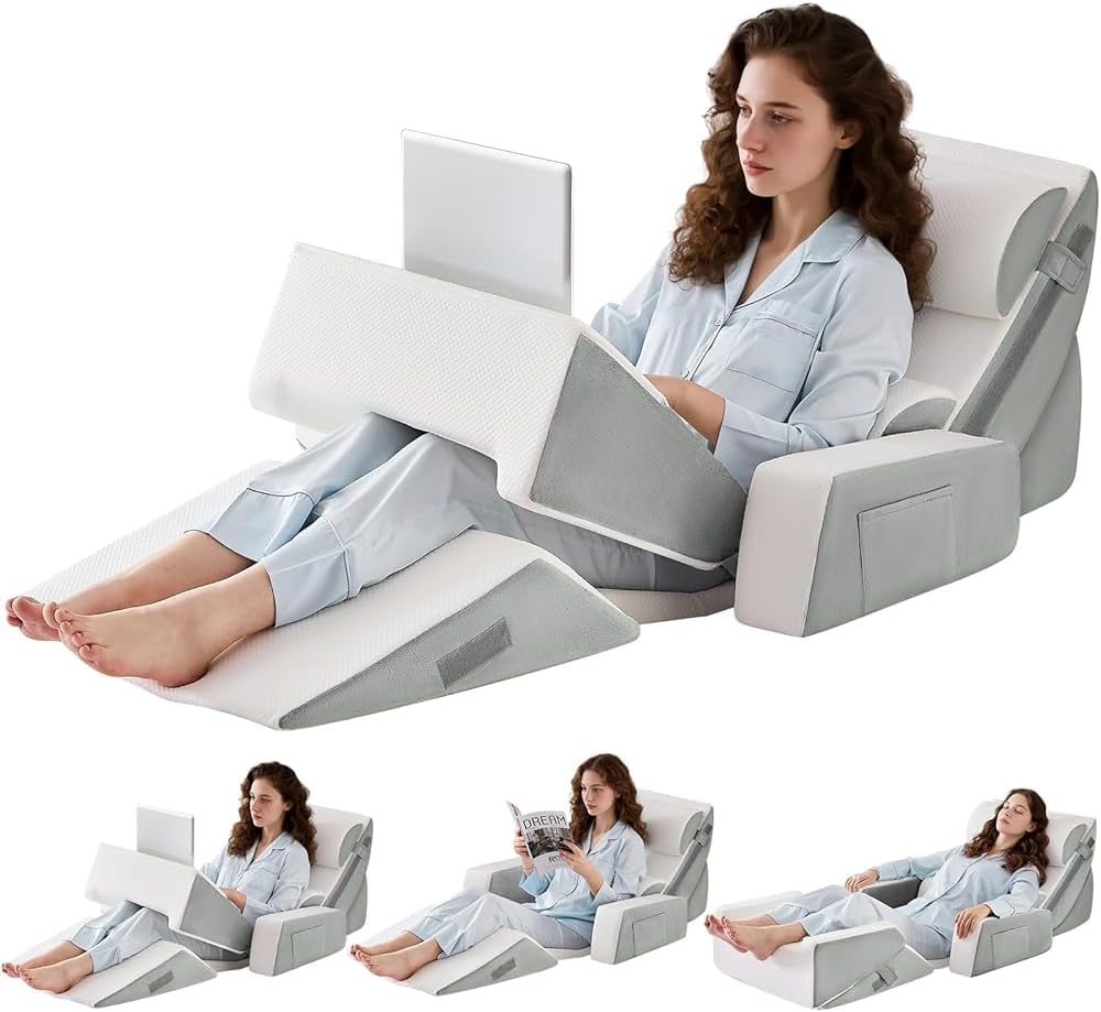9PCS Orthopädische Bett Keil Kissen Set, Post Chirurgie Schaum Kissen für Körper, Rücken und Beine Schmerzlinderung, Justierbare Stützkissen mit Säure Reflux Schlafkissen Bed Wedge Pillow Hellgrau