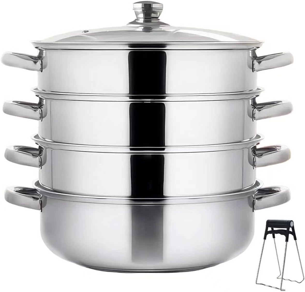 Dampfgarer zum Kochen, 28 cm Edelstahl-Dampfgarer mit 4 x Dampfgareinsätzen, Glasdeckel und Dampfclip, für alle Herdarten, Dampfgartopf zum Kochen von Gemüse, Meeresfrüchten, Suppen, Eintöpfen und Nudeln