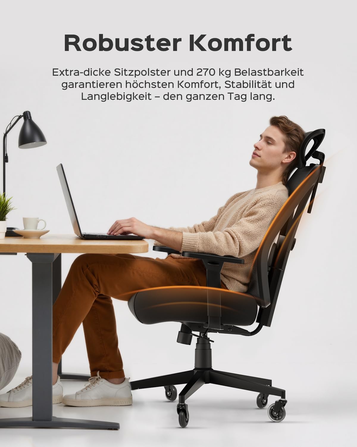 Dowinx Bürostuhl 270 kg, ergonomischer Schreibtischstuhl mit dicker Sitzpolsterung, verstellbare Lordosenstütze, höhenverstellbare Rückenlehne, 3D-Armlehnen, Metallfuß, Schwarz – Bild 3