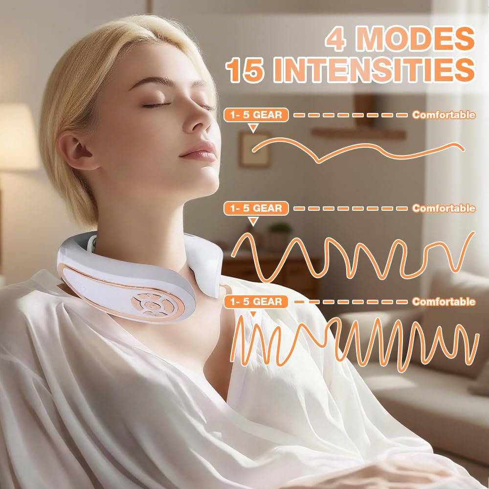 Nackenmassagegerät mit Wärme, Elektrische Nackenmassagegeräte, 3 Heizfunktion, 4 Modi Puls Massage, 15 Intensitätsstufen, Tragbares kabellos Elektrisches Massagegerät für Nacken Schulter – Bild 4