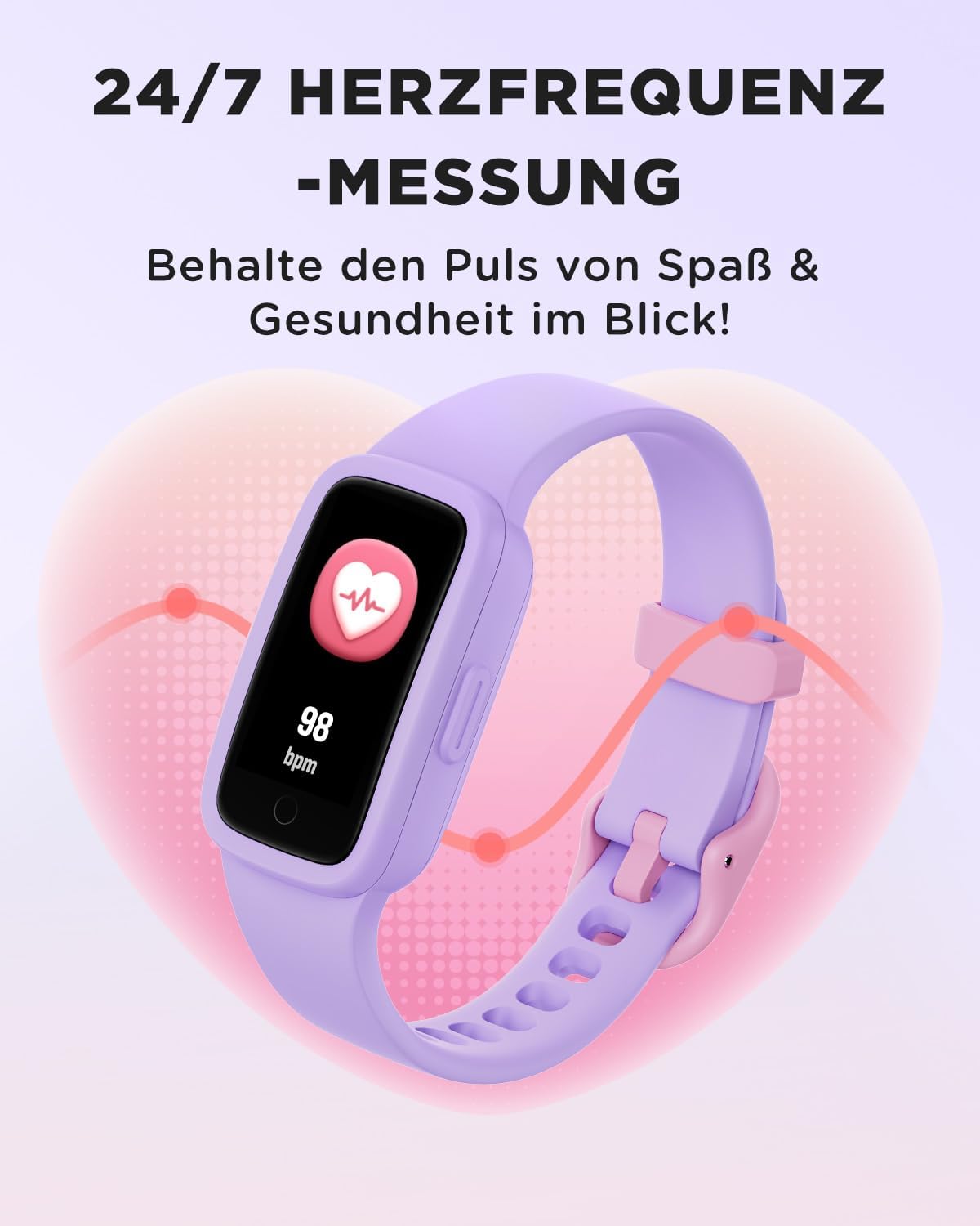 BIGGERFIVE Vigor 3 Kinder-Fitness-Armbanduhr mit AMOLED-Display ohne App und ohne Smartphone, 3ATM wasserdicht, Herzfrequenzmesser, Schlaftracker, Fitnessuhr, Sportuhr, Schrittzähler für Mädchen 5-12 Jahre, Lila – Bild 6