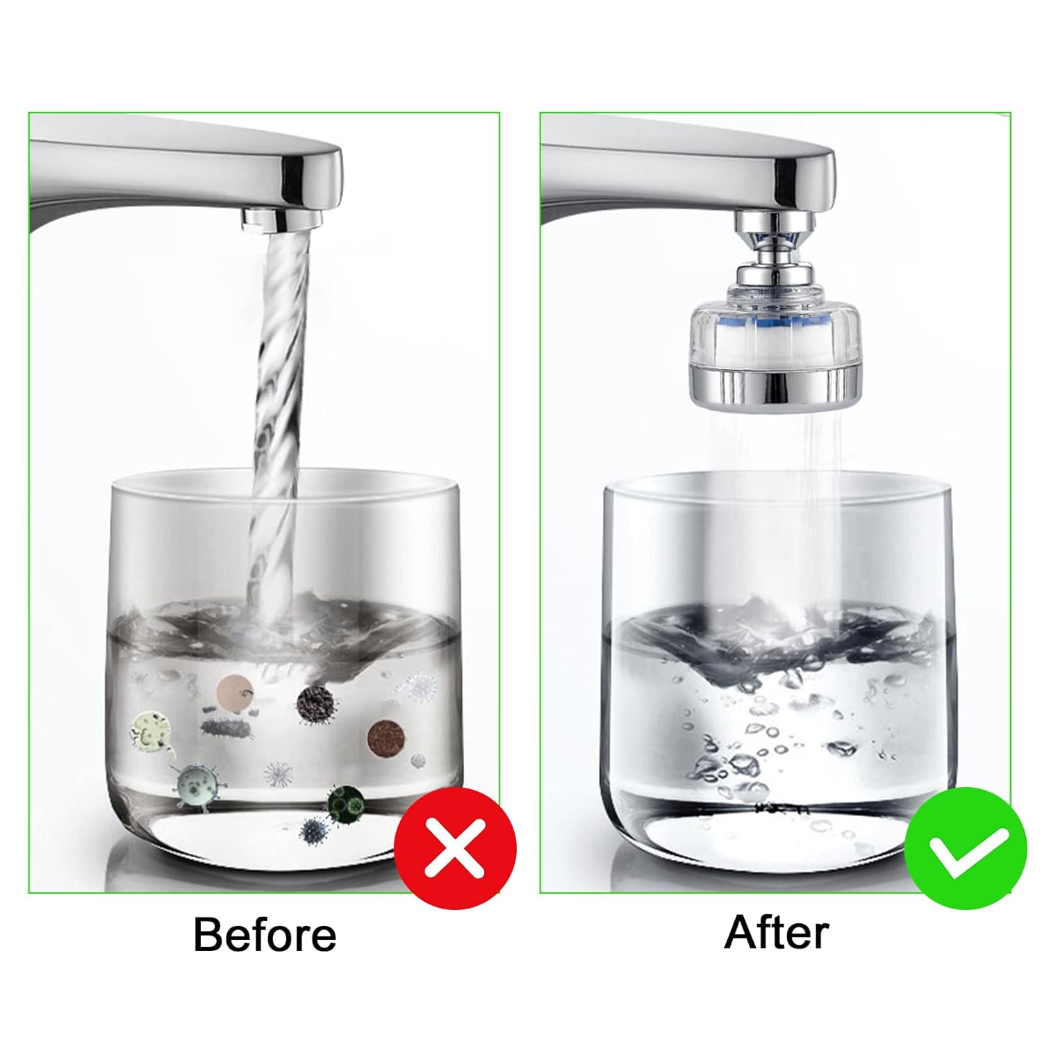 Wasserfilter-Wasserhahn, drehbarer Wasserhahnfilter mit 6 Stück PP-Baumwoll-Filterelement und Universal-Adapter für Waschbecken, Küche, Badezimmer – Bild 2