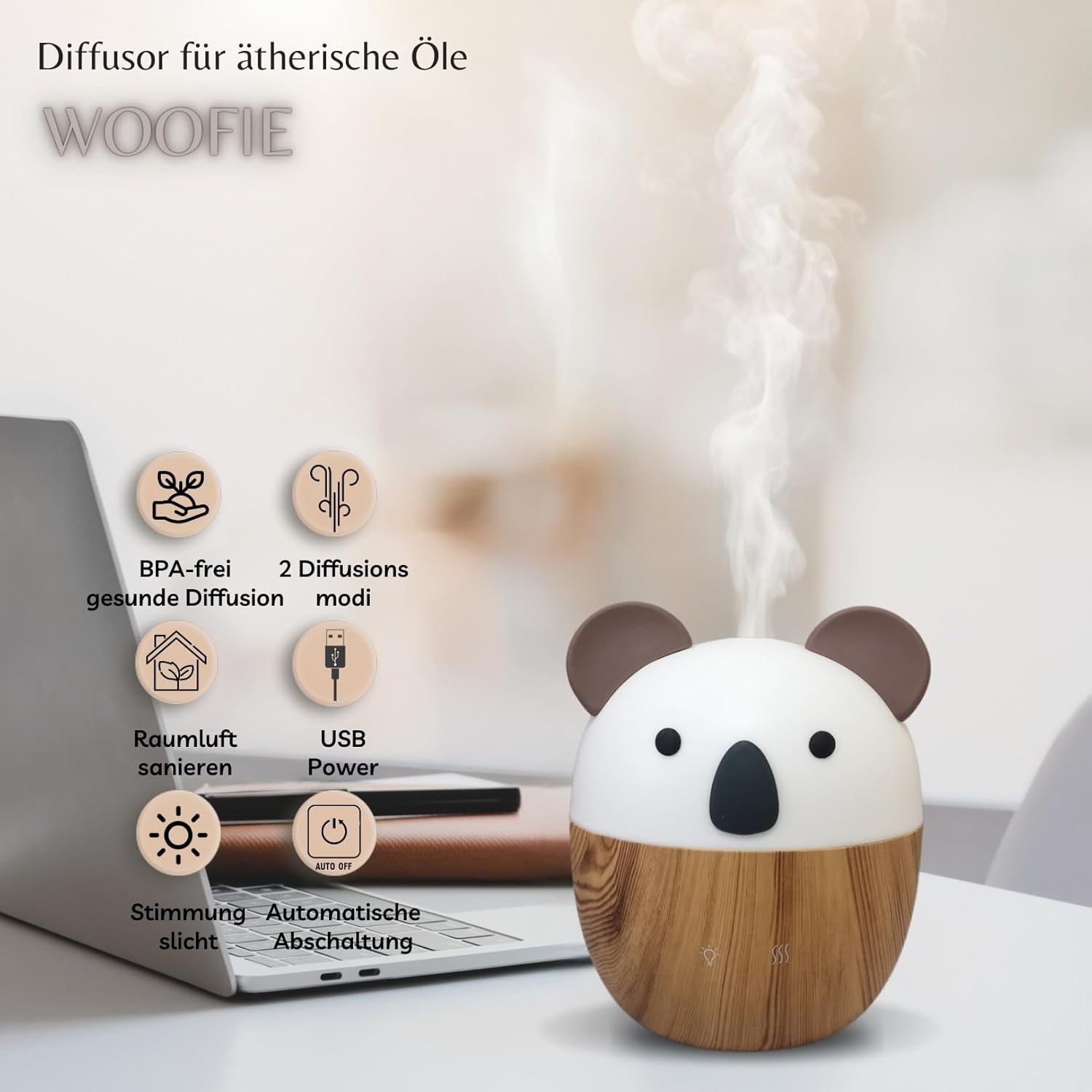 Zen'Arôme Woofie Diffusor für ätherische Öle, Ultraschall-Aromatherapie-Diffusor für kaltes Wasser, elektrischer USB-2-Diffusionsmodus, automatische Abschaltung, LED-Beleuchtung, leise und kompakt – Bild 3