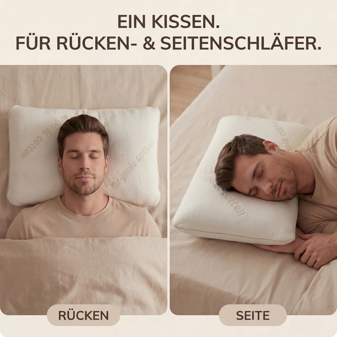 Bio-Baumwolle, orthopädisches Nackenstützkissen – mittelfest – für breite Schultern, Visco-Kissen, ergonomisch, hautfreundlich, natürlicher Schlafkomfort, Memory-Schaum-Kissen 15 cm hoch – Bild 6