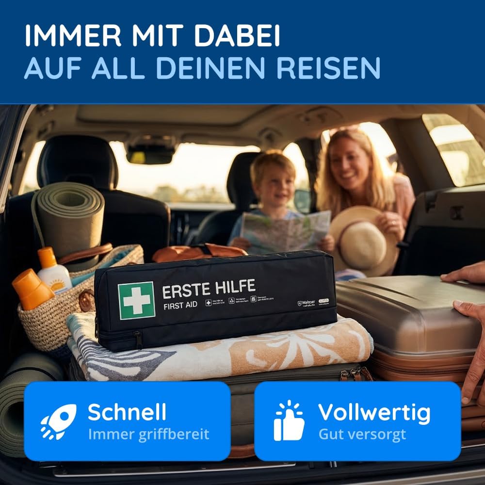 Auto-Verbandstasche inkl. Warndreieck und Warnweste nach aktueller DIN 13164:2022, gültig für 2023, Verbandskasten für Auto, Auto, Motorrad, schwarz, Langformat – Bild 3