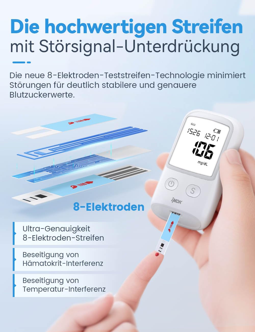 IMDK Blutzuckermessgerät-Set (mg/dl), CLINIC PRECISION Blutzuckermessgerät mit 100 Teststreifen, 100 Lanzetten und 1 Stechhilfe – Codierungsfrei & großes Display – Bild 4