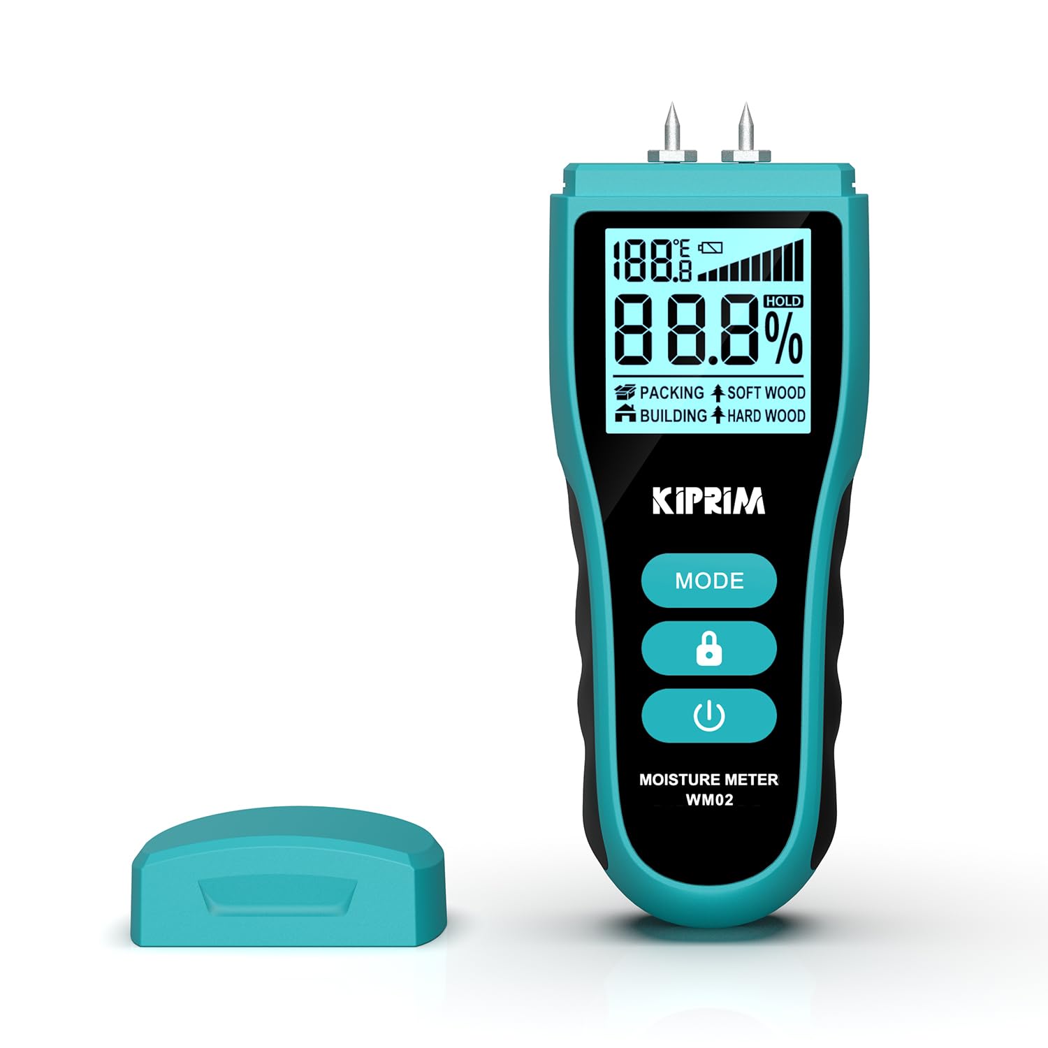 Kiprim Feuchtigkeitsmessgerät mit Stiften für Holz, Wand, Beton, Karton – Digitales Holzfeuchtemessgerät mit LCD, Temperaturanzeige (°C/°F), Haltefunktion, 4 Modi, Ersatzsonden WM02 – Bild 2