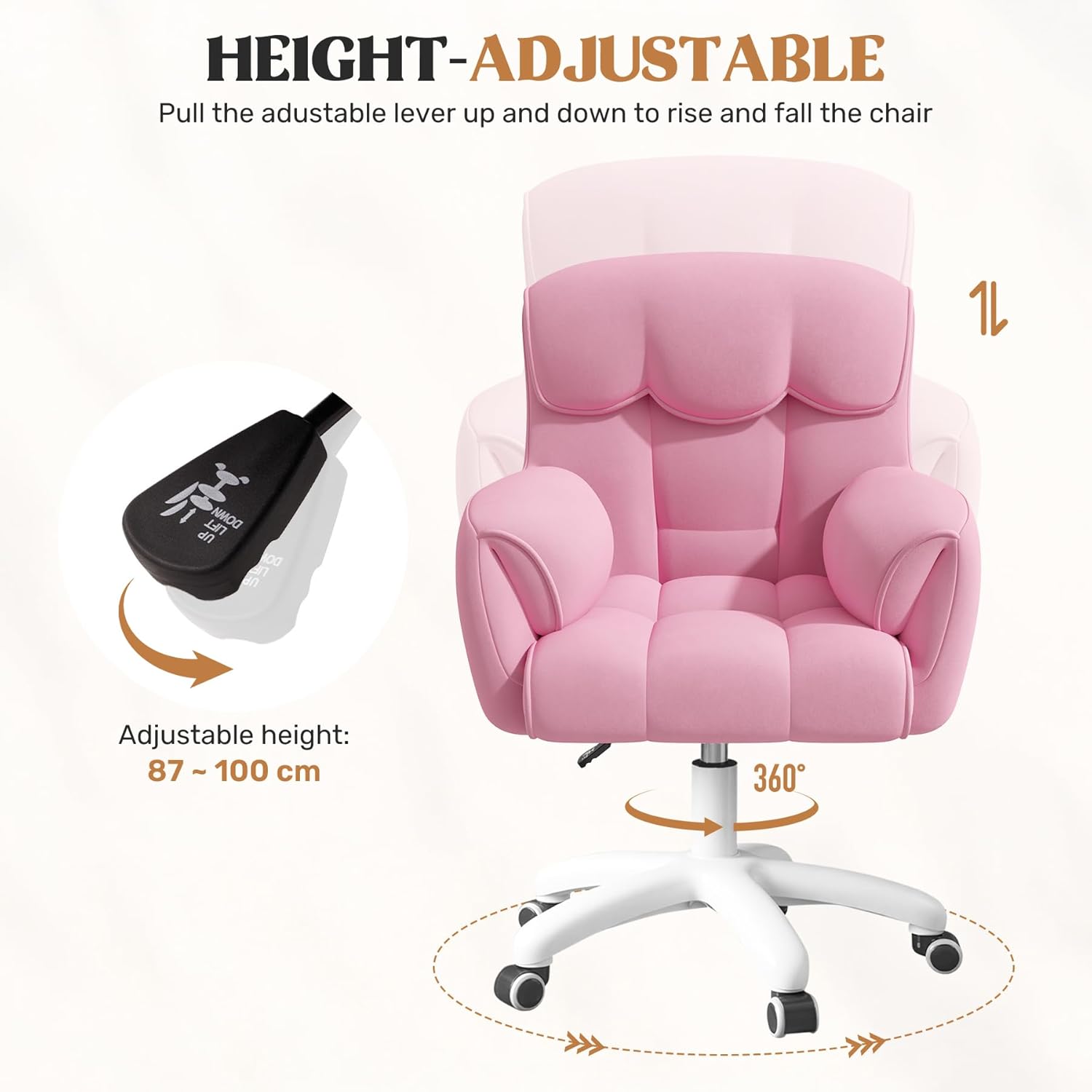 Ergonomischer Bürostuhl, höhenverstellbarer Schreibtischstuhl mit Armlehnen, 360° drehbar, Samtbezug, für Home Office und Büro, belastbar bis 150 kg, Pink – Bild 6