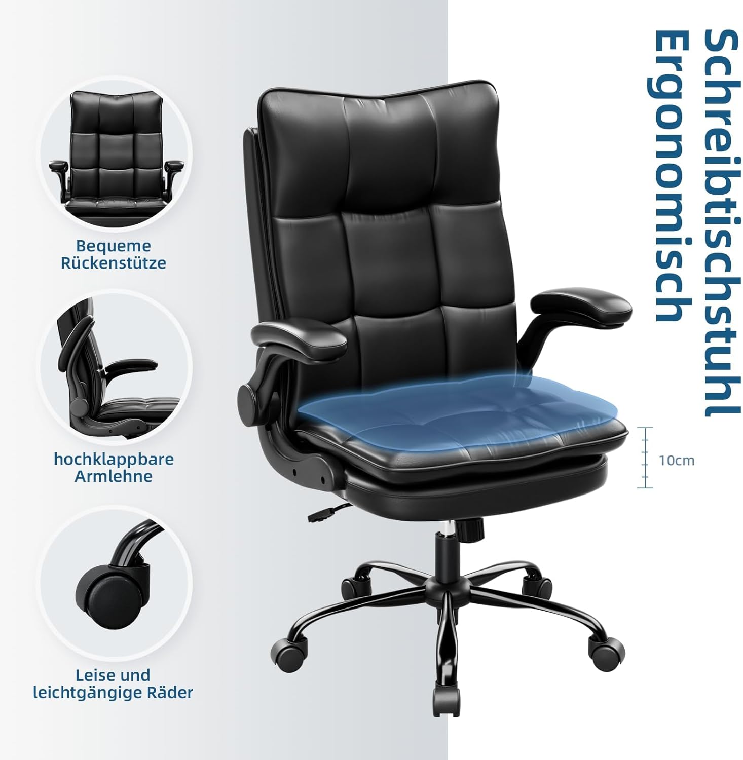 Ergonomischer Bürostuhl, Chefsessel mit kratzfester Technologie aus Leder, klappbare Armlehne, Dreh- und Wippfunktion, höhenverstellbar, doppelt verdickte Rückenlehne, Schwarz – Bild 5