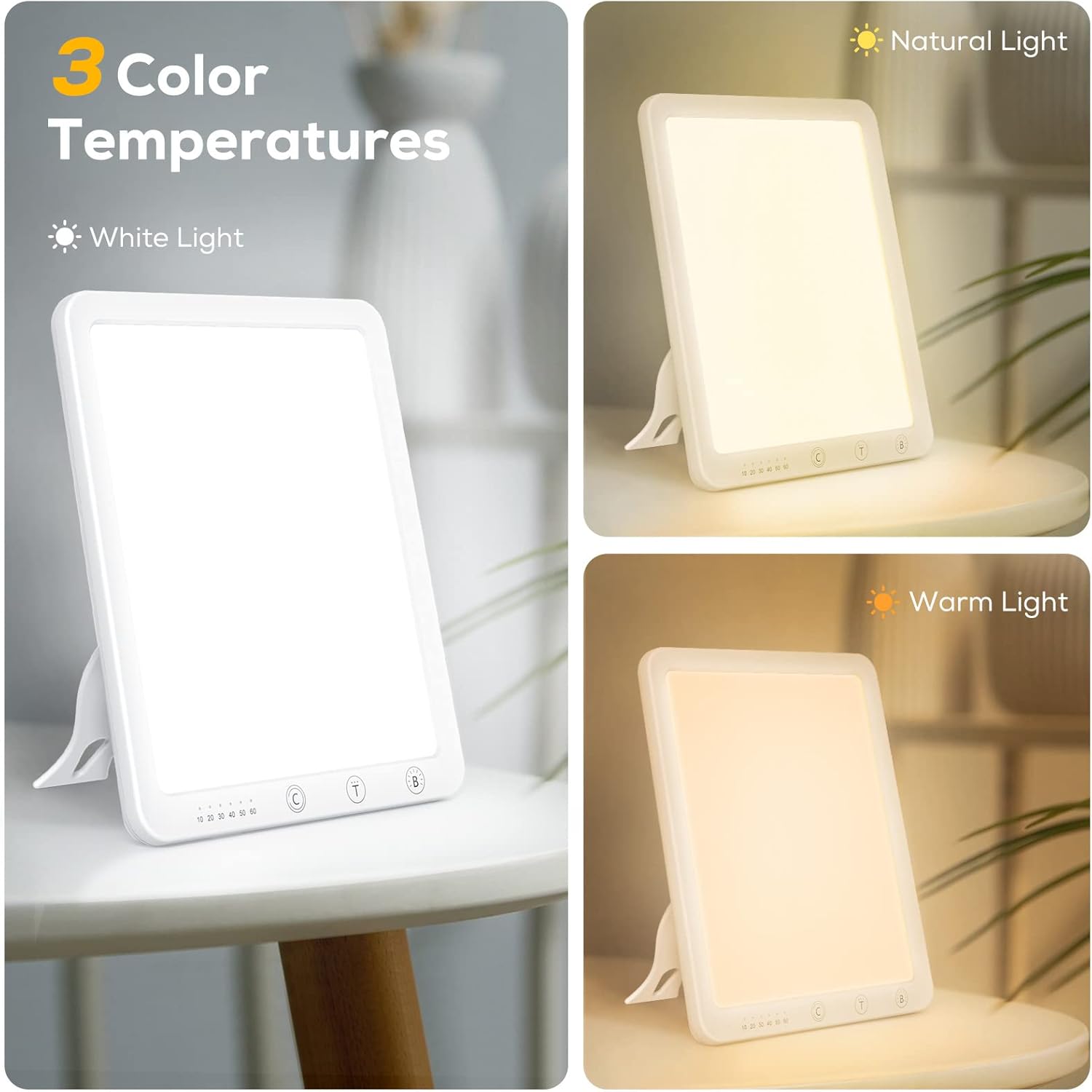 Tageslichtlampe 10000 Lux, Tageslichtlampe mit Memory-Funktion, 6 Timer, 3 Lichtfarben, LED-Sonnenlicht-Tageslichtlampe mit stufenlosem Dimmer, 90°-Halterung, UV-freie Vollspektrumlampe – Bild 2