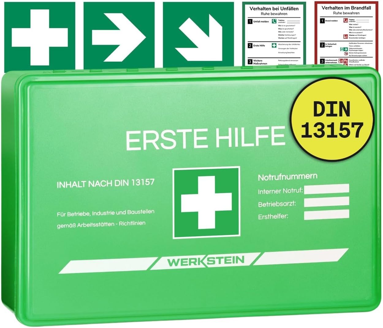 Erste-Hilfe-Kasten klein mit Inhalt nach DIN 13157 I Erste-Hilfe-Set-Bedienung inkl. praktischer Wandhalterung & 5 x Aufkleber I Erste-Hilfe-Set DIN 13157 für Betriebe, Einrichtungen und Zuhause