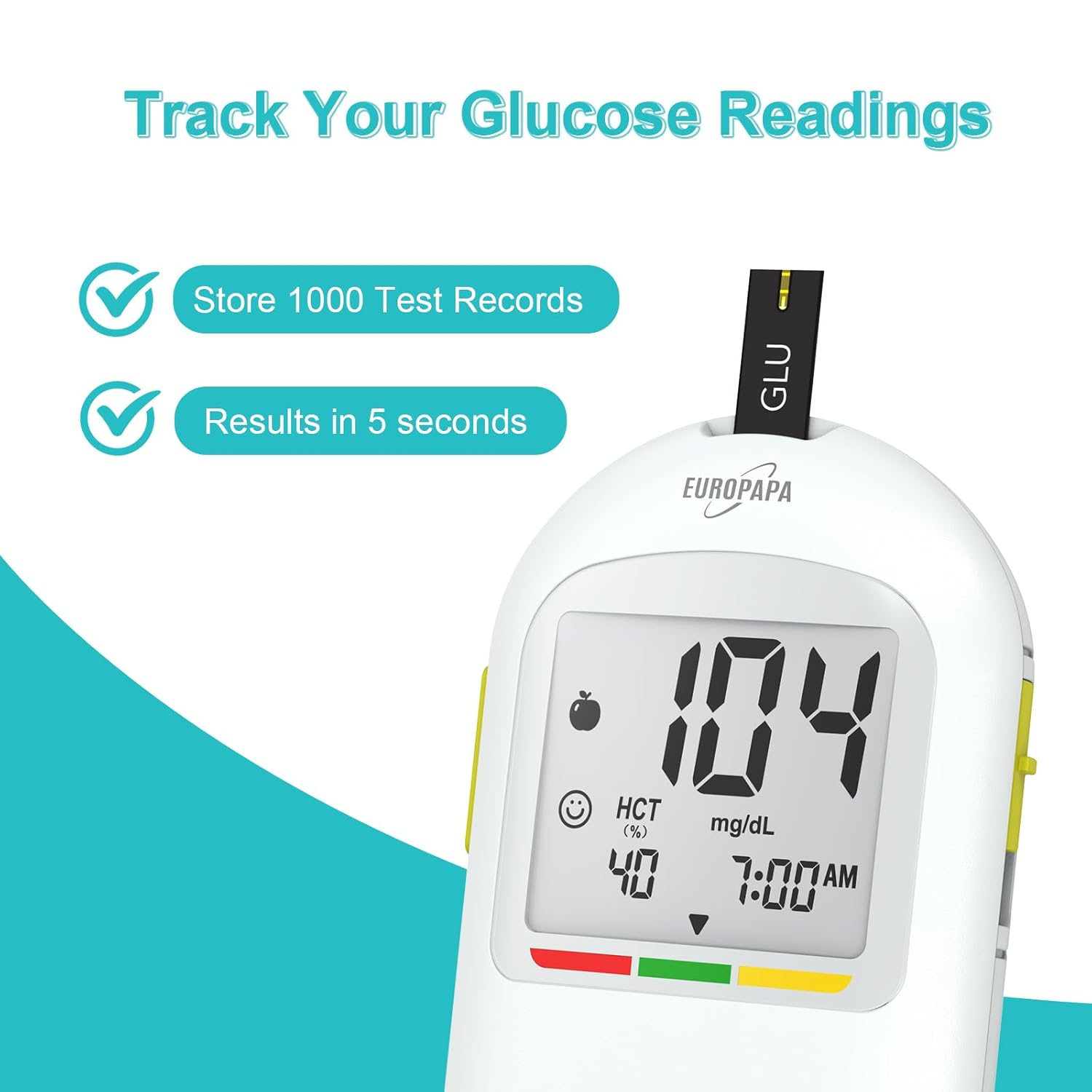 EUROPAPA Blutzuckermessgerät mit Blutzucker-Teststreifen, Blutlanzetten und Stechhilfe, Blutzucker-Messsystem, Diabetes-Set mg/dL zur Blutzucker-Selbstkontrolle, 50 Stück Lanzetten- & BZ-Streifen (weiß) – Bild 3
