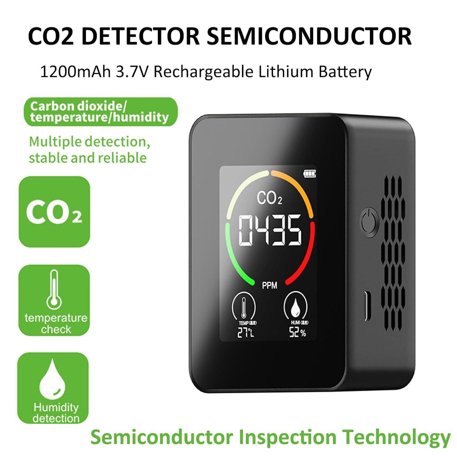 CO2-Detektor, 400~5000 PPM CO2-Sensormessgerät mit automatischer Kalibrierung, Temperatur-Feuchtigkeitssensor mit Digitalanzeige (schwarz) – Bild 2