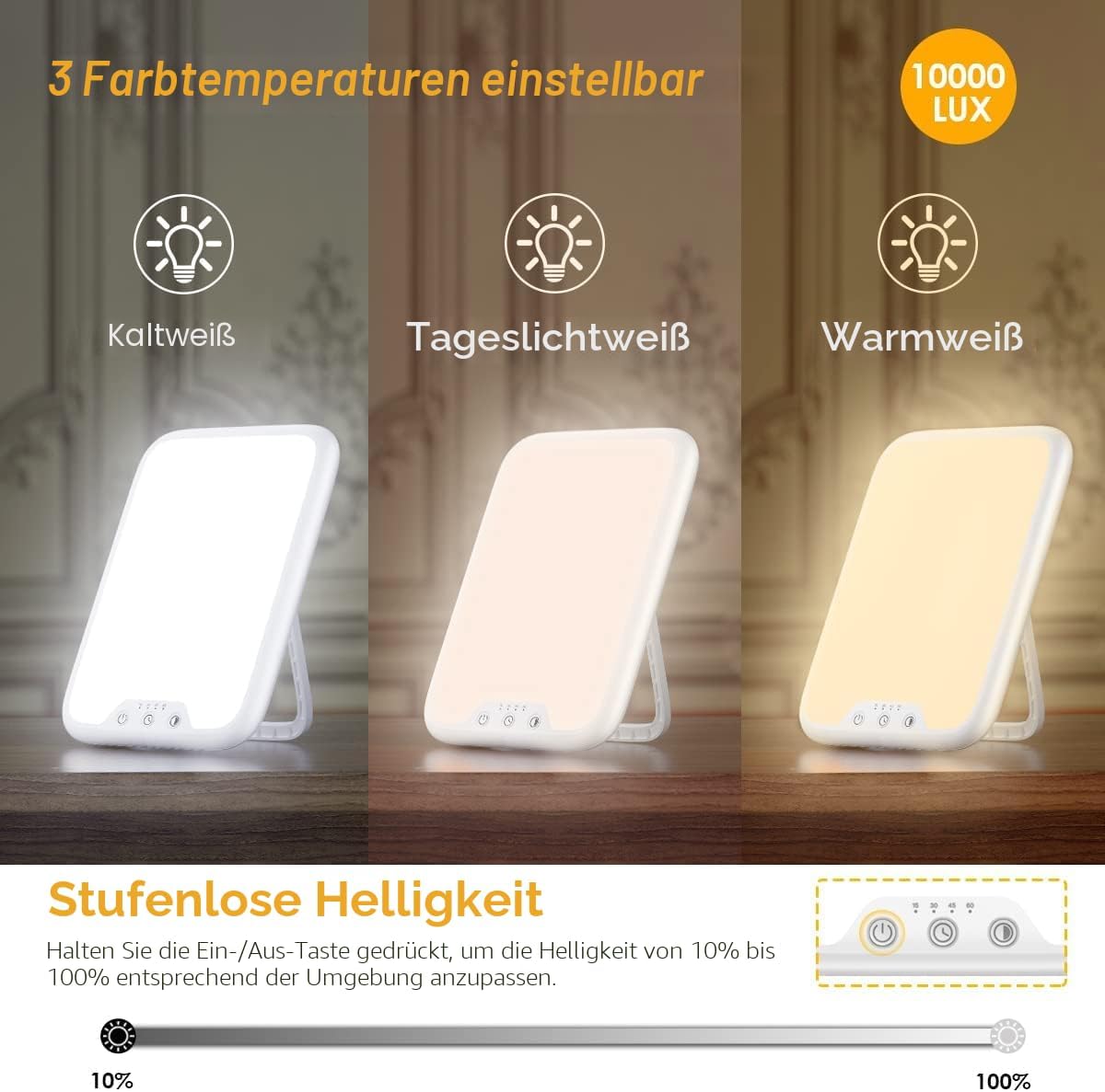 VTHW Tageslichtlampe, 10000 Lux Lichttherapielampe mit Memory-Funktion, 4 Timer, 3 Lichtfarben, Sonnenlichtlampe mit Tastensteuerung, stufenloses Dimmen, 90°-Halterung, für Zuhause/Büro – Bild 2