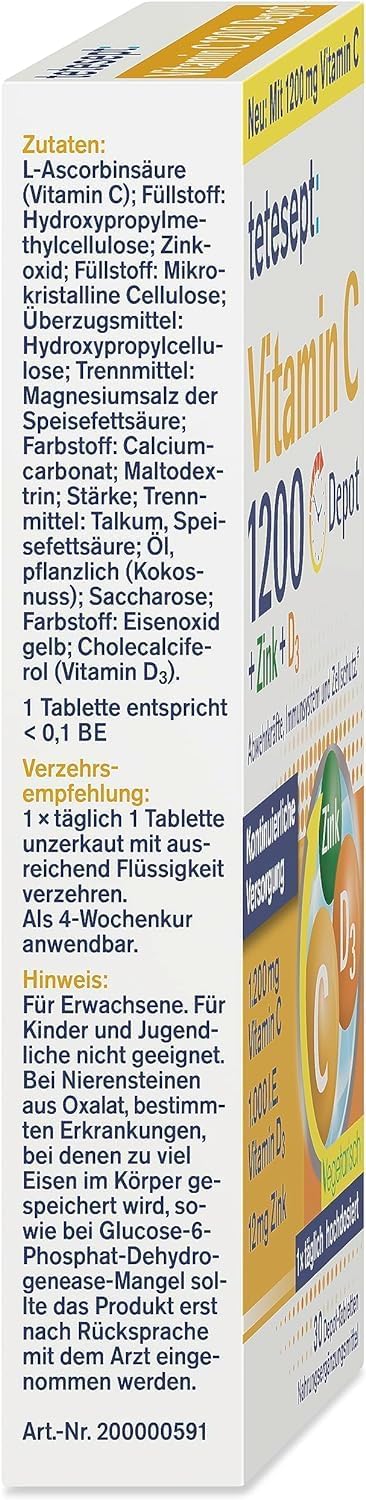 tetesept Vitamin C 1200 + Zink + D3 – Nahrungsergänzungsmittel mit Vitamin C, D3 und Zink zur Unterstützung des Immunsystems, des Zellschutzes und der Knochen – 5 x 30 Vitamintabletten – Bild 9