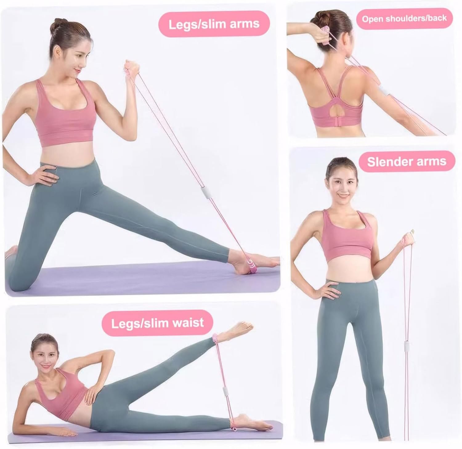 Bauchtrainer, multifunktionales Spannseil mit Rückentrainer & Fitnessbändern, Sit-Up-Trainingsgerät, 6 Röhren, elastisches Zugseil, Sportgerät Zuhause für das Training von Taille, Beinen, Bauch, Rosa – Bild 6